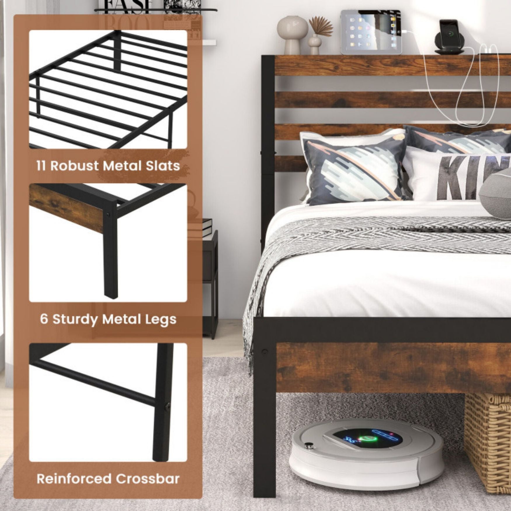 Twin Size Bed Frame with Charging Station and Storage Headboard