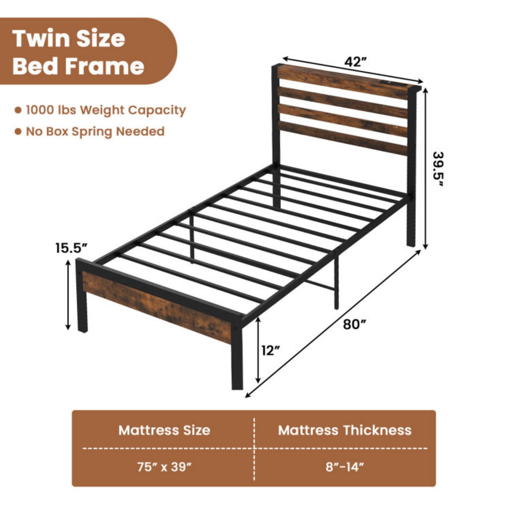 SUGIFT Twin/Full/Queen Size Bed Frame with Charging Station and Storage Headboard
