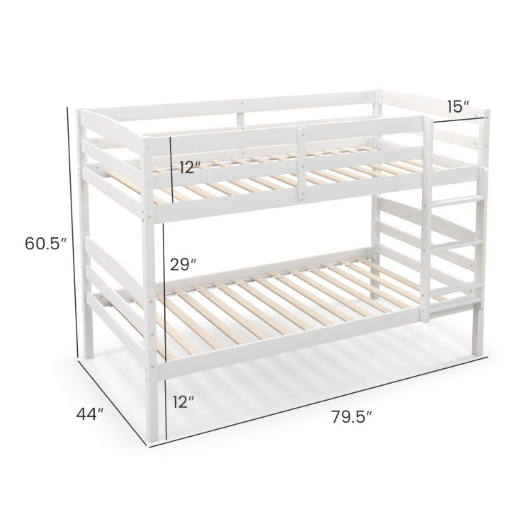 SUGIFT Solid Wood Twin Over Twin Bunk Bed Frame with High Guardrails and Integrated Ladder