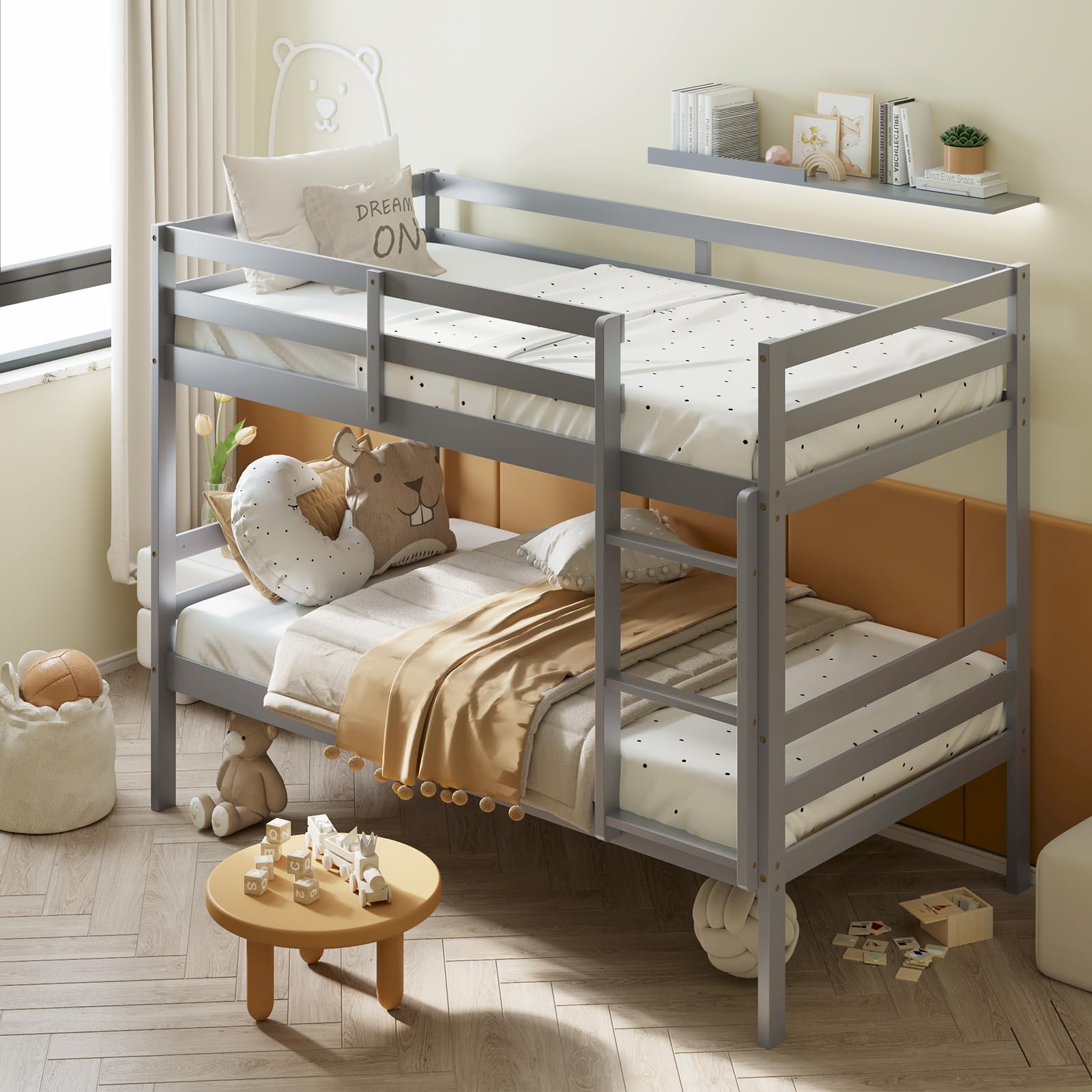 Twin Size Sturdy Wooden Bunk Beds with Ladder and Safety Rail