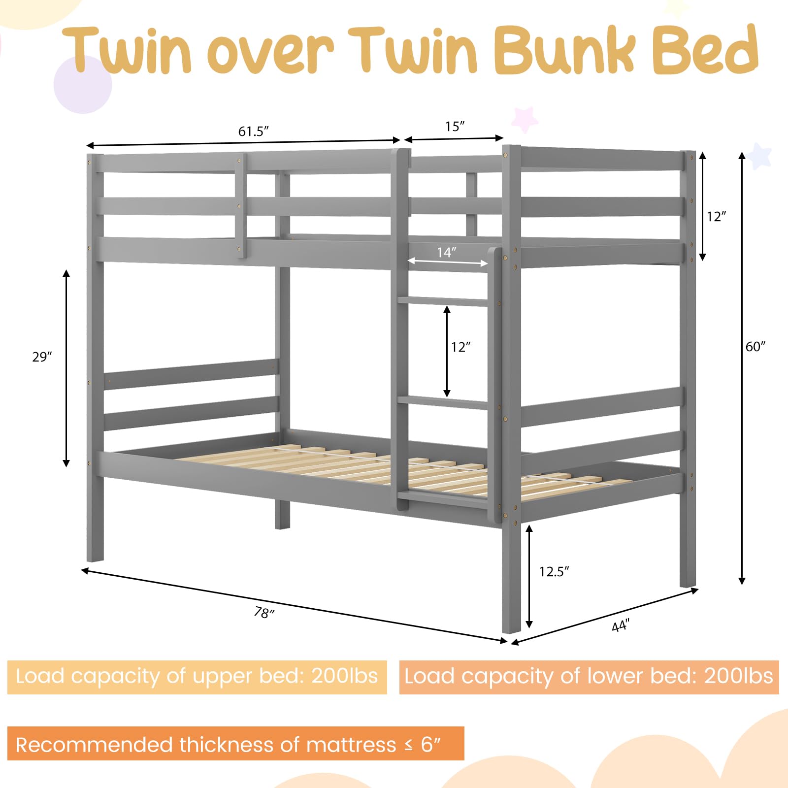 Twin Size Sturdy Wooden Bunk Beds with Ladder and Safety Rail