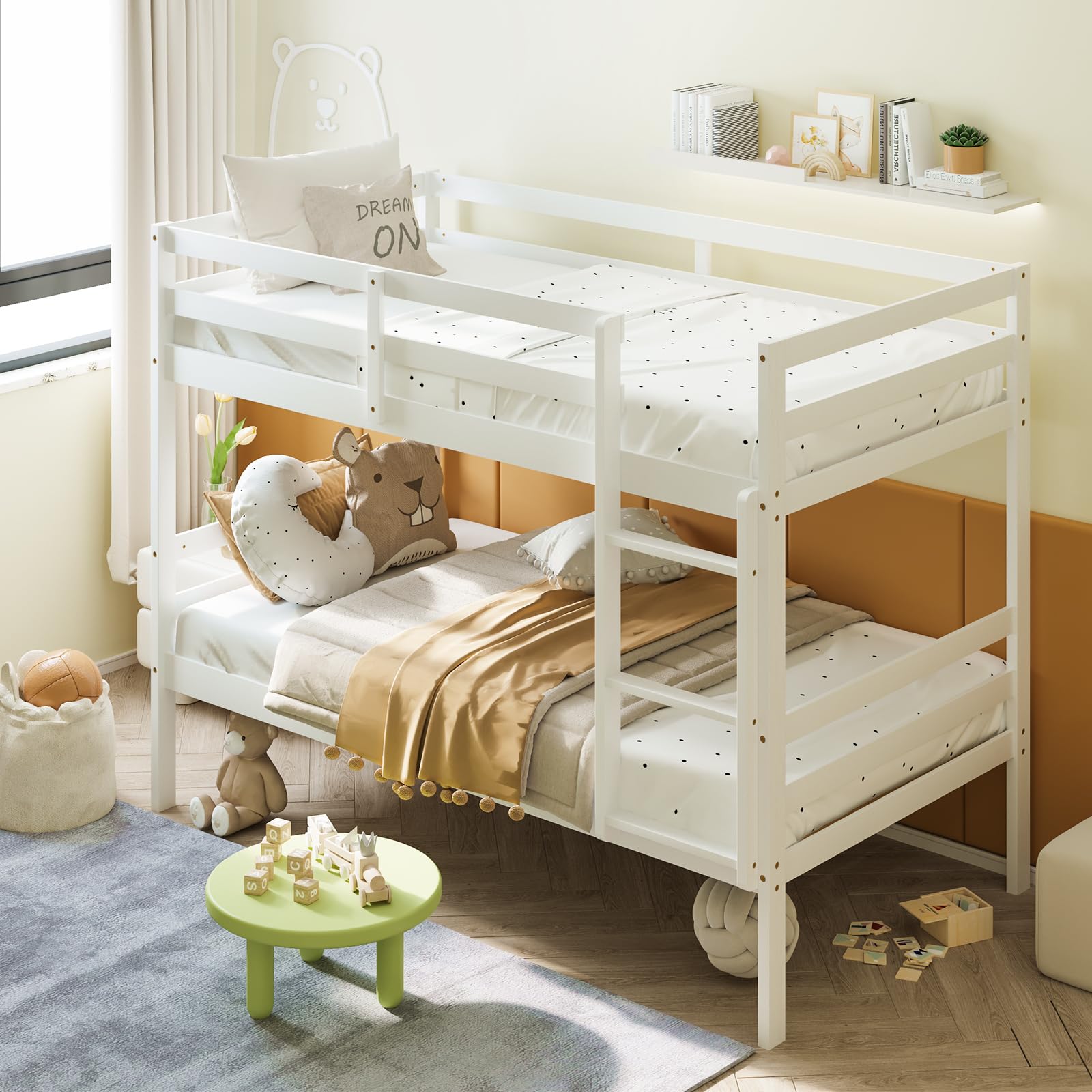 Twin Size Sturdy Wooden Bunk Beds with Ladder and Safety Rail