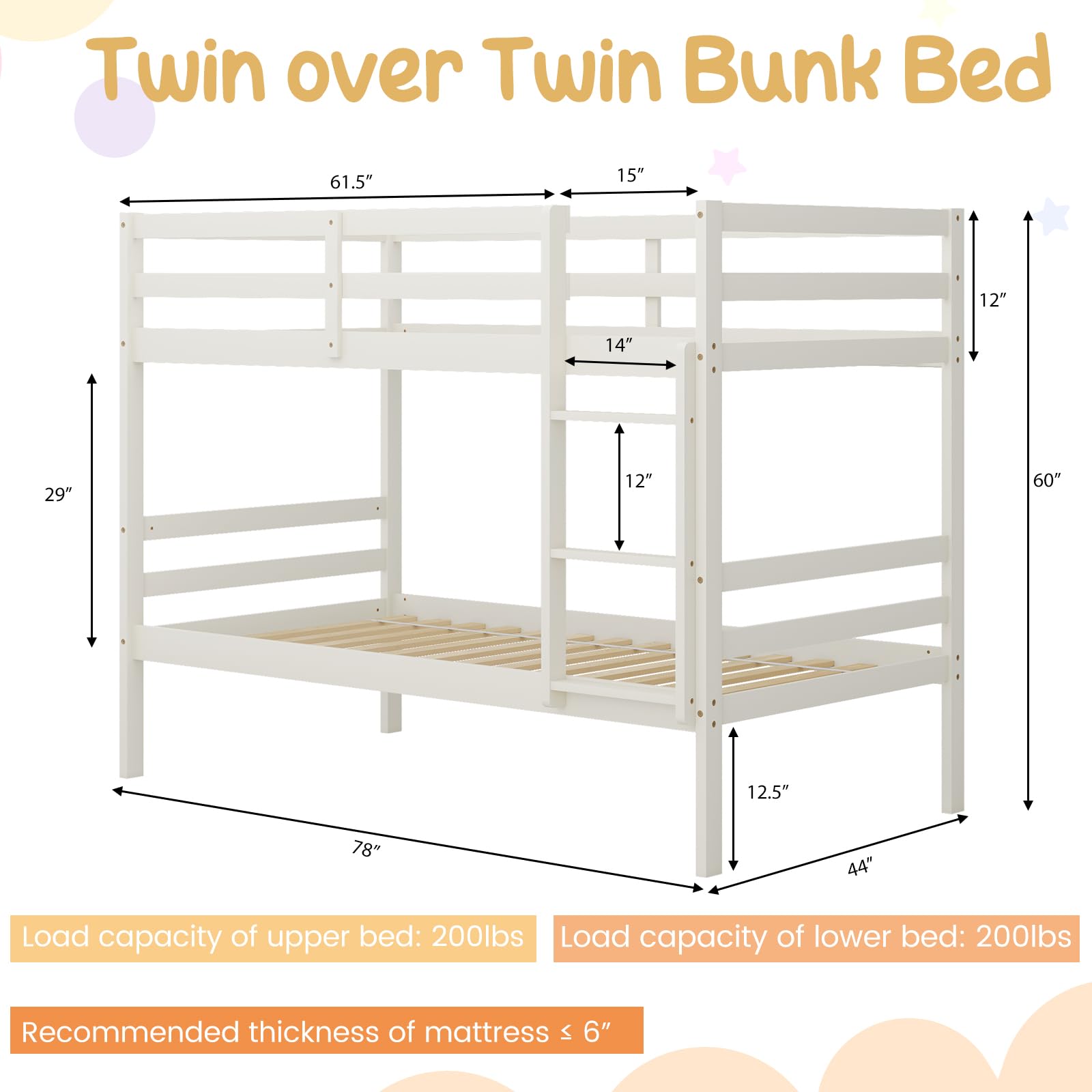 Twin Size Sturdy Wooden Bunk Beds with Ladder and Safety Rail