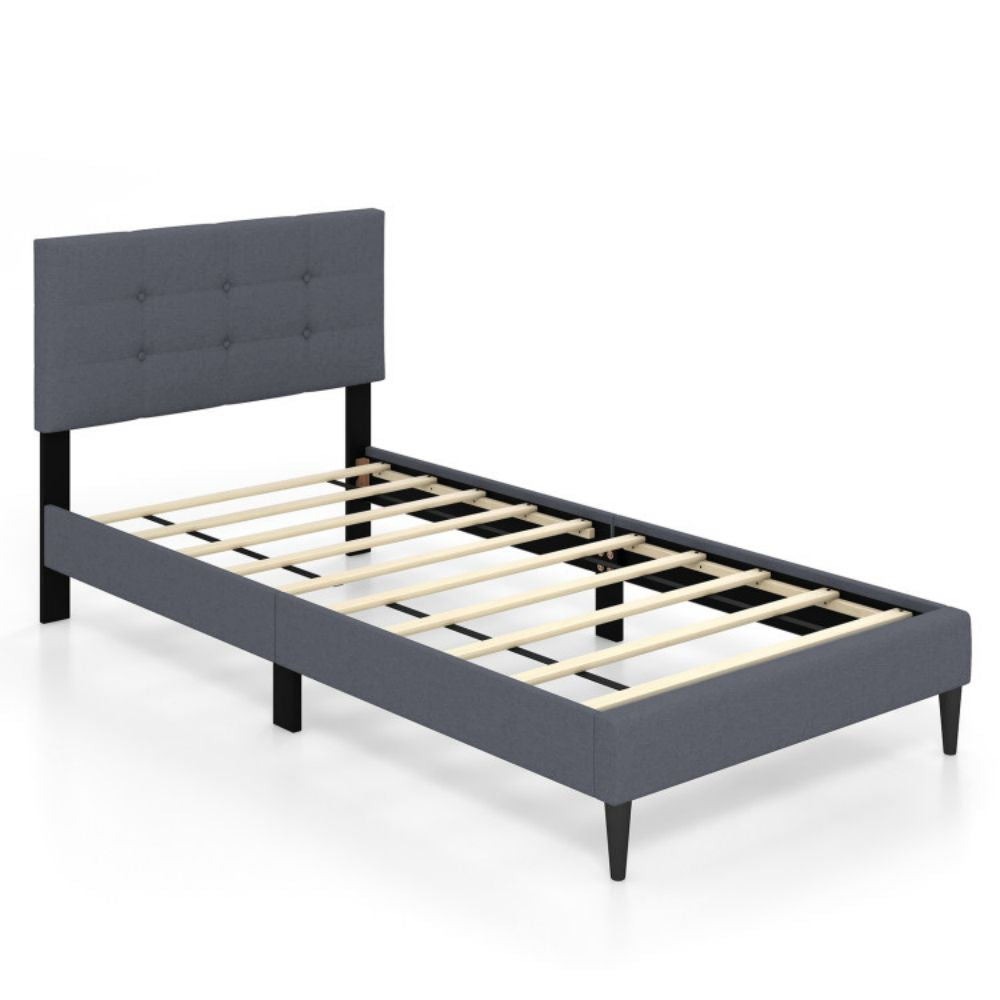 Twin Size Upholstered Platform Bed with with Button Tufted Linen Fabric Headboard