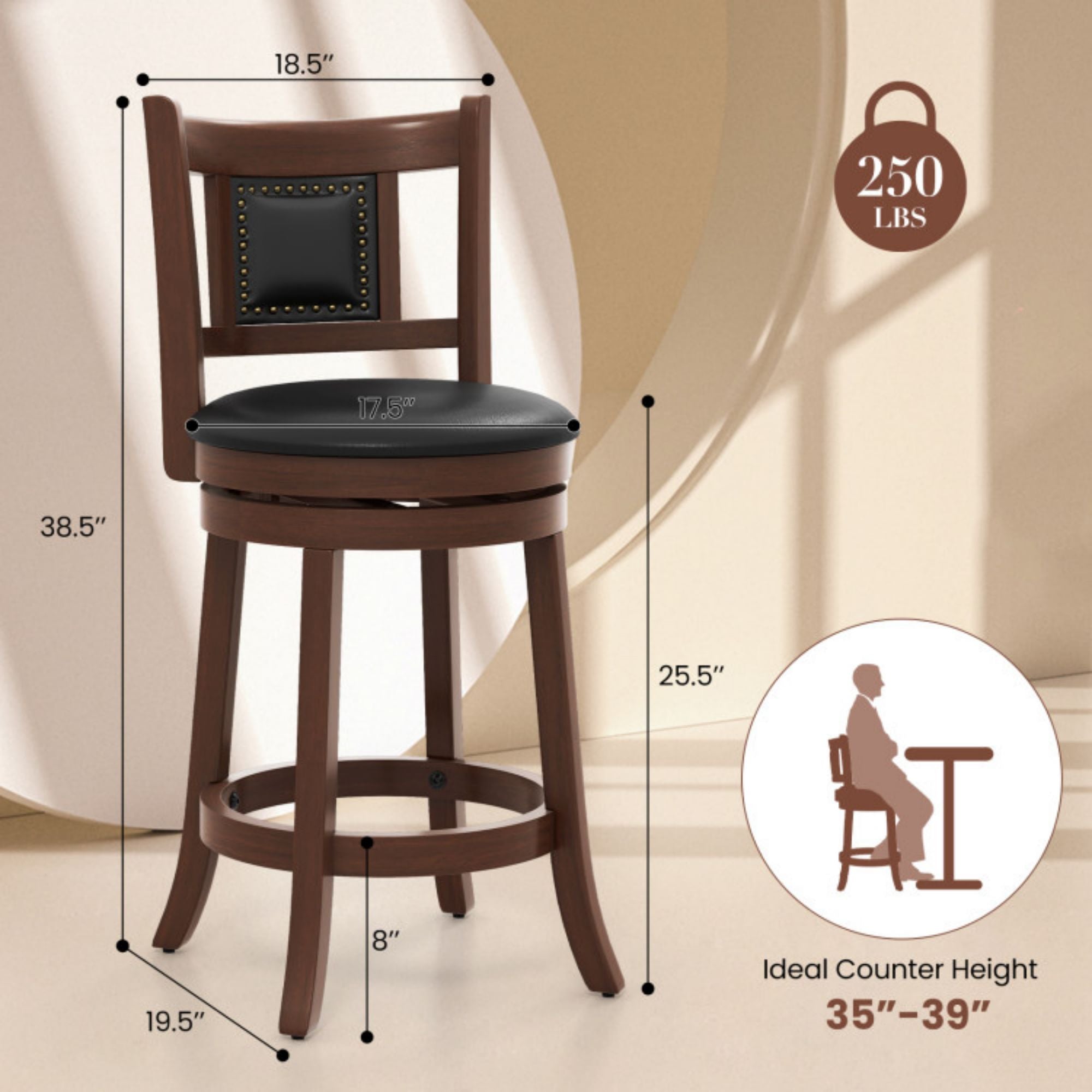 SUGIFT 25.5 Inch Upholstered Bar Stools Set of 2 with Curved Backrest and Footrest