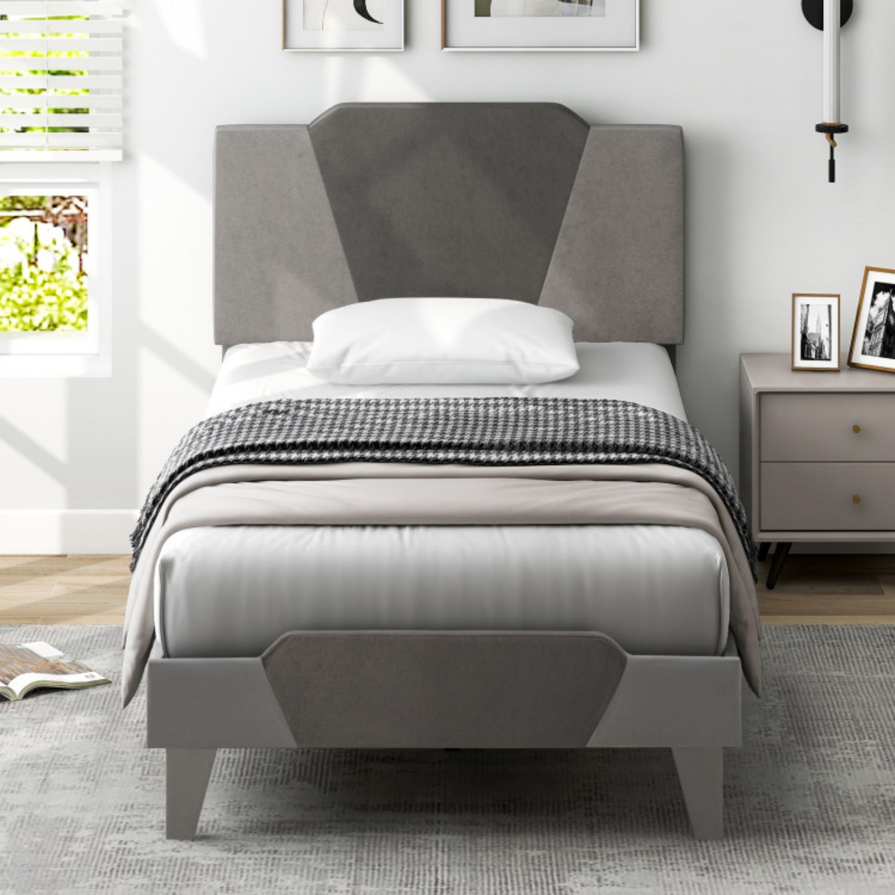 SUGIFT Full Velvet Upholstered Bed Frame with High Headboard