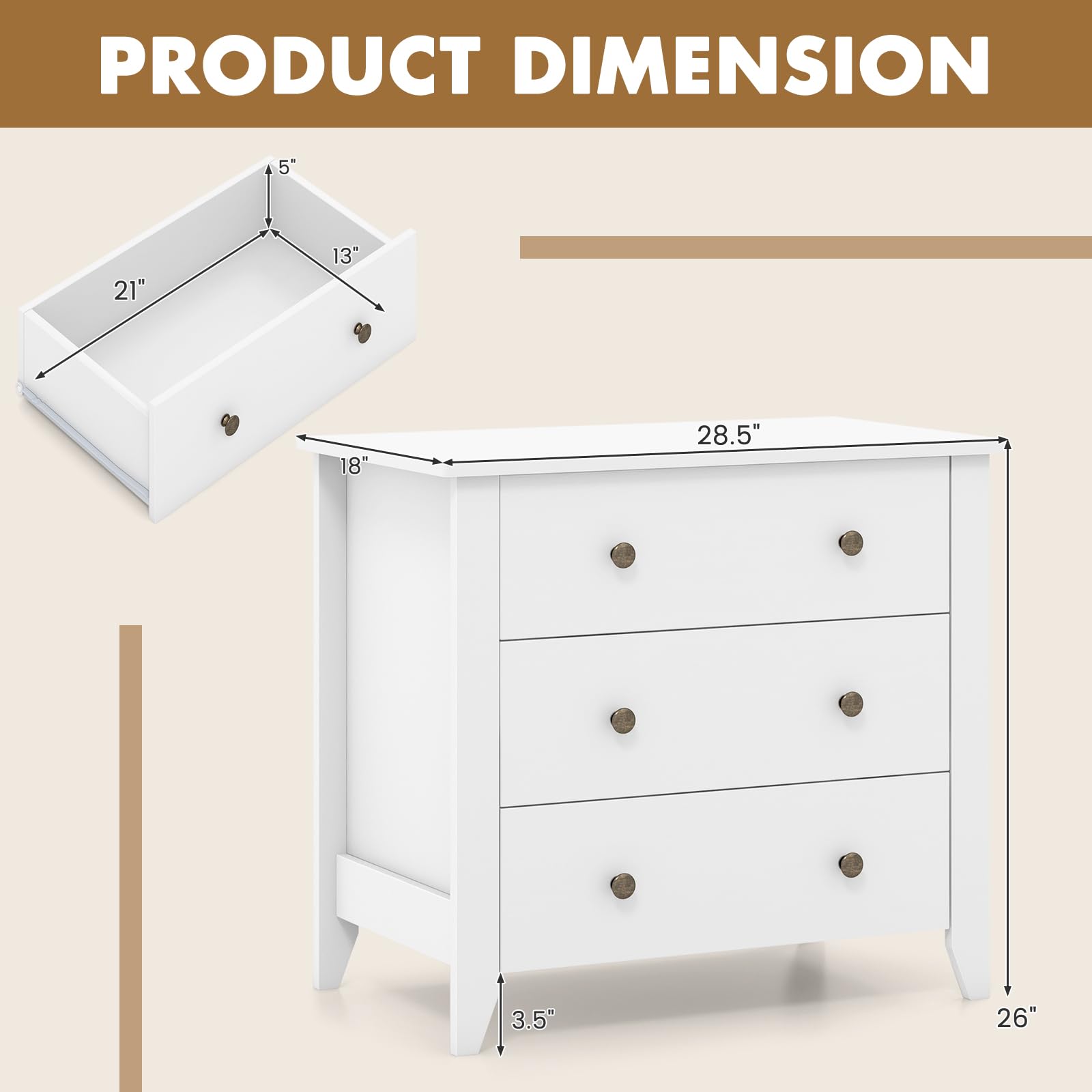 3 Drawer Dresser Chest of Drawers Bedside Table