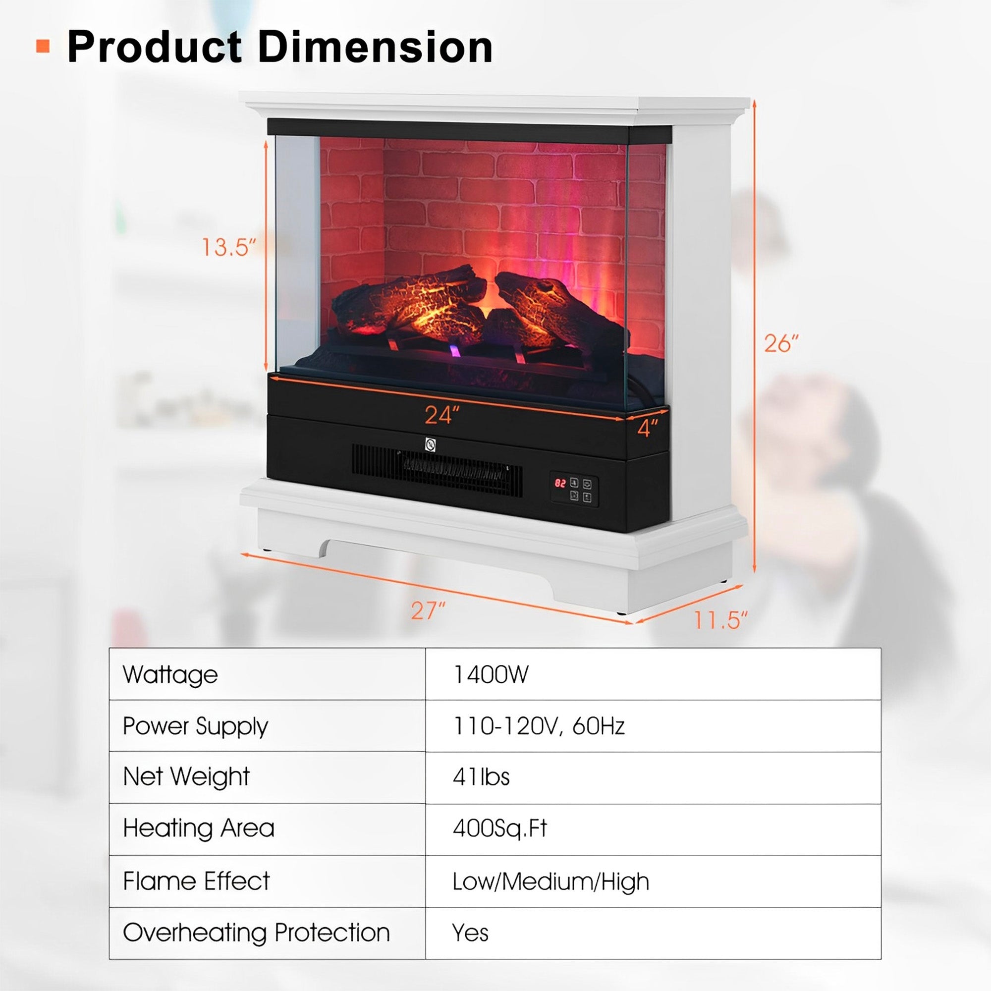 27 Inch Freestanding Electric Fireplace with 3-Level Vivid Flame Thermostat