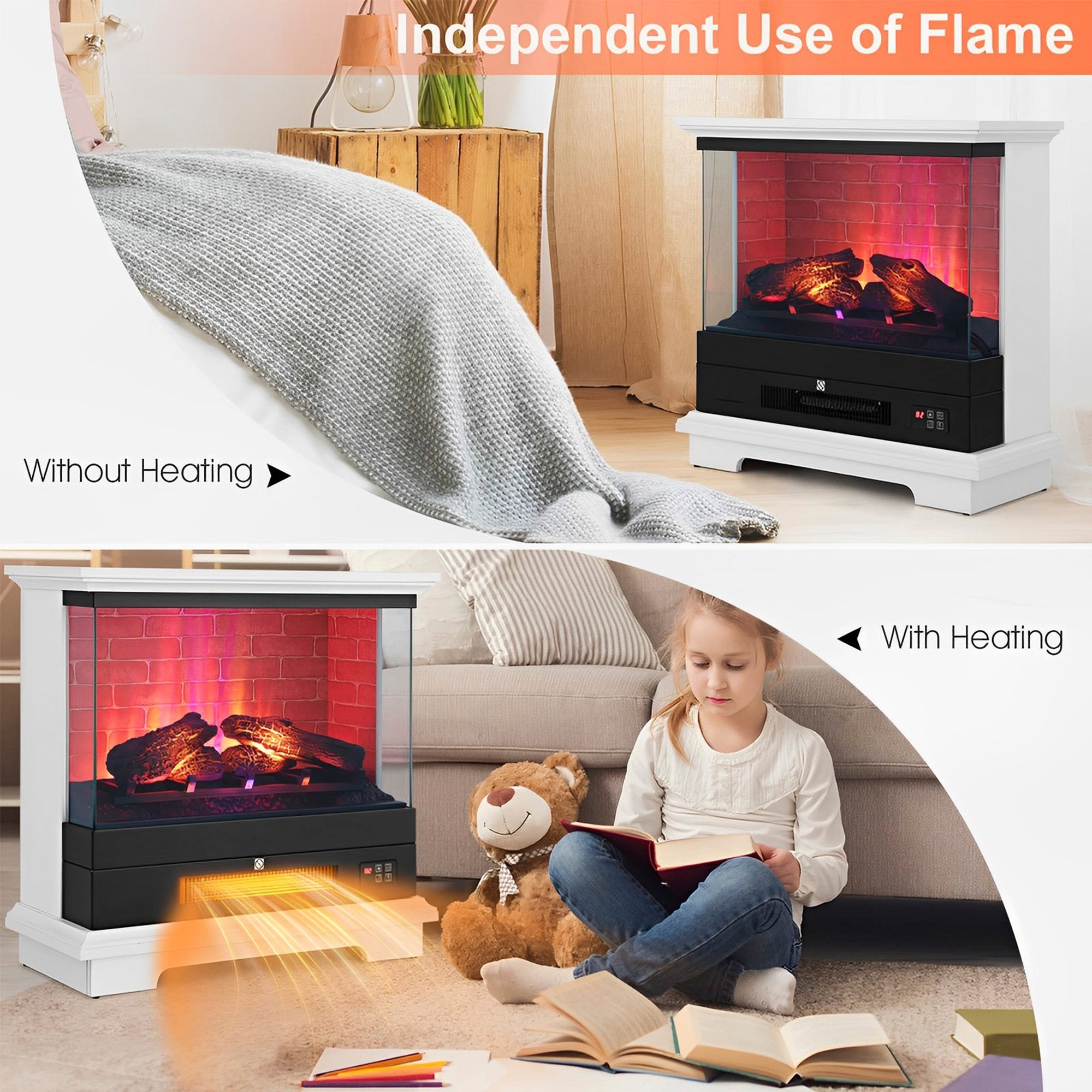 27 Inch Freestanding Electric Fireplace with 3-Level Vivid Flame Thermostat