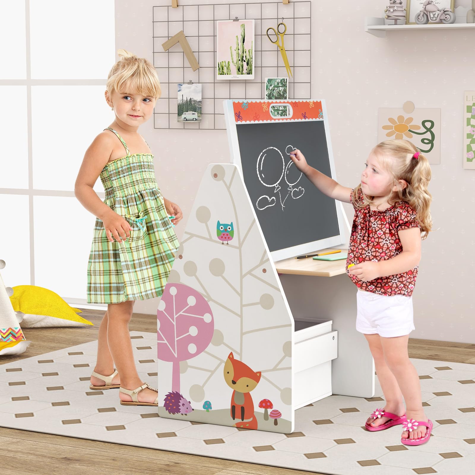 3 in 1 Kids Easel and Play Station Convertible with Chair and Storage Bins