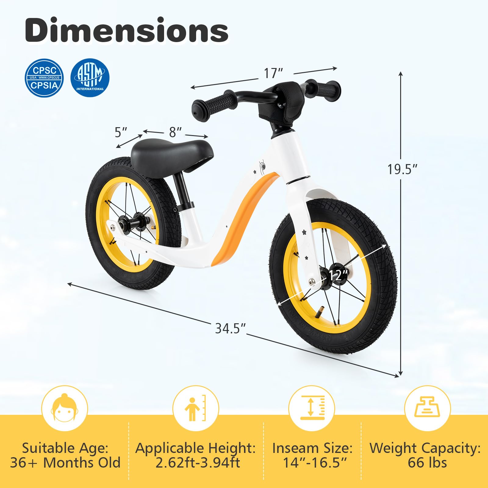 12-Inch Balance Bike with Adjustable Seat and Rotatable Handlebar for Over 36 Months Old-White