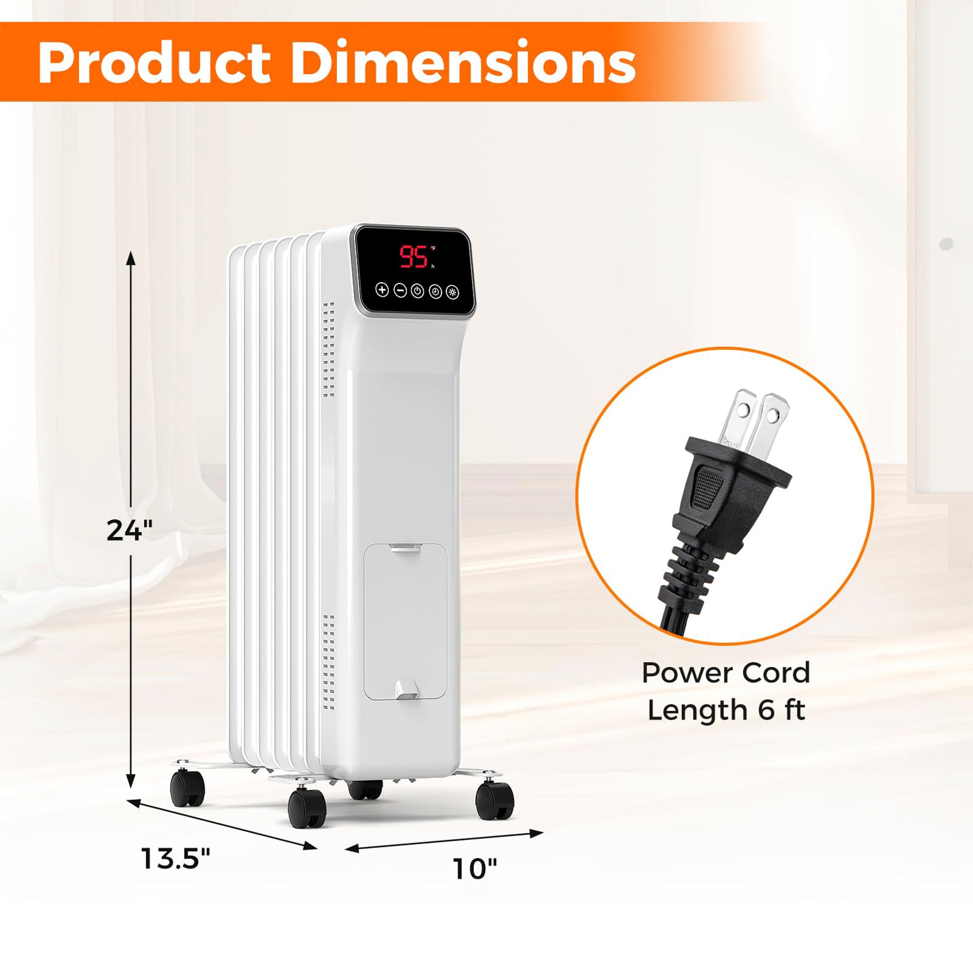 1500W Oil Filled Radiator Heater with Remote Control 3 Modes 24H Timer
