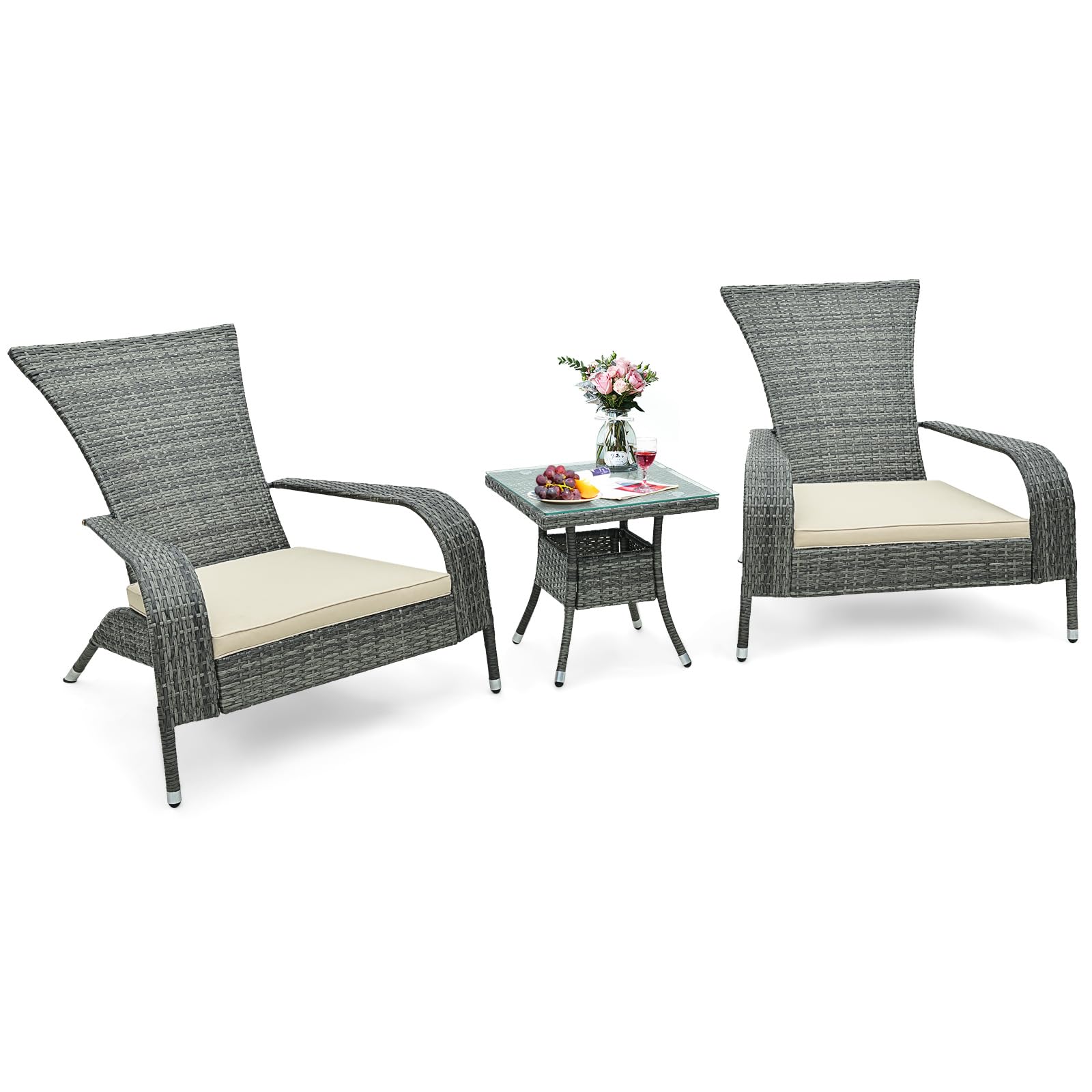 3-Piece Wicker Adirondack Set with Comfy Seat Cushions