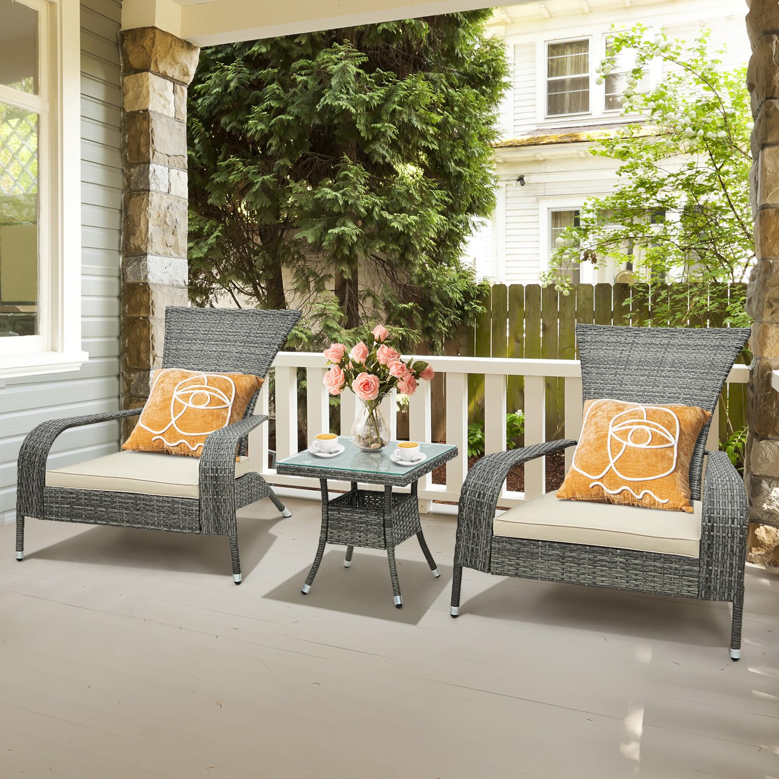 3-Piece Wicker Adirondack Set with Comfy Seat Cushions