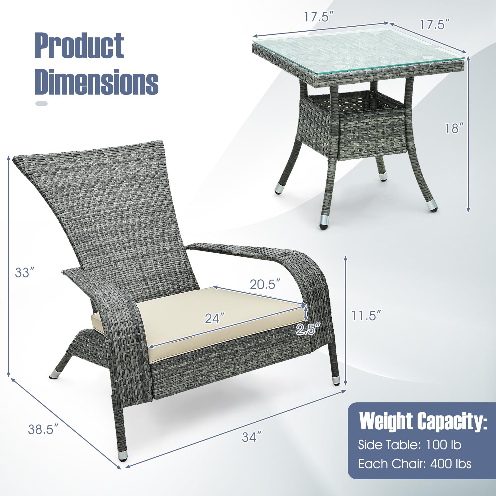 3-Piece Wicker Adirondack Set with Comfy Seat Cushions