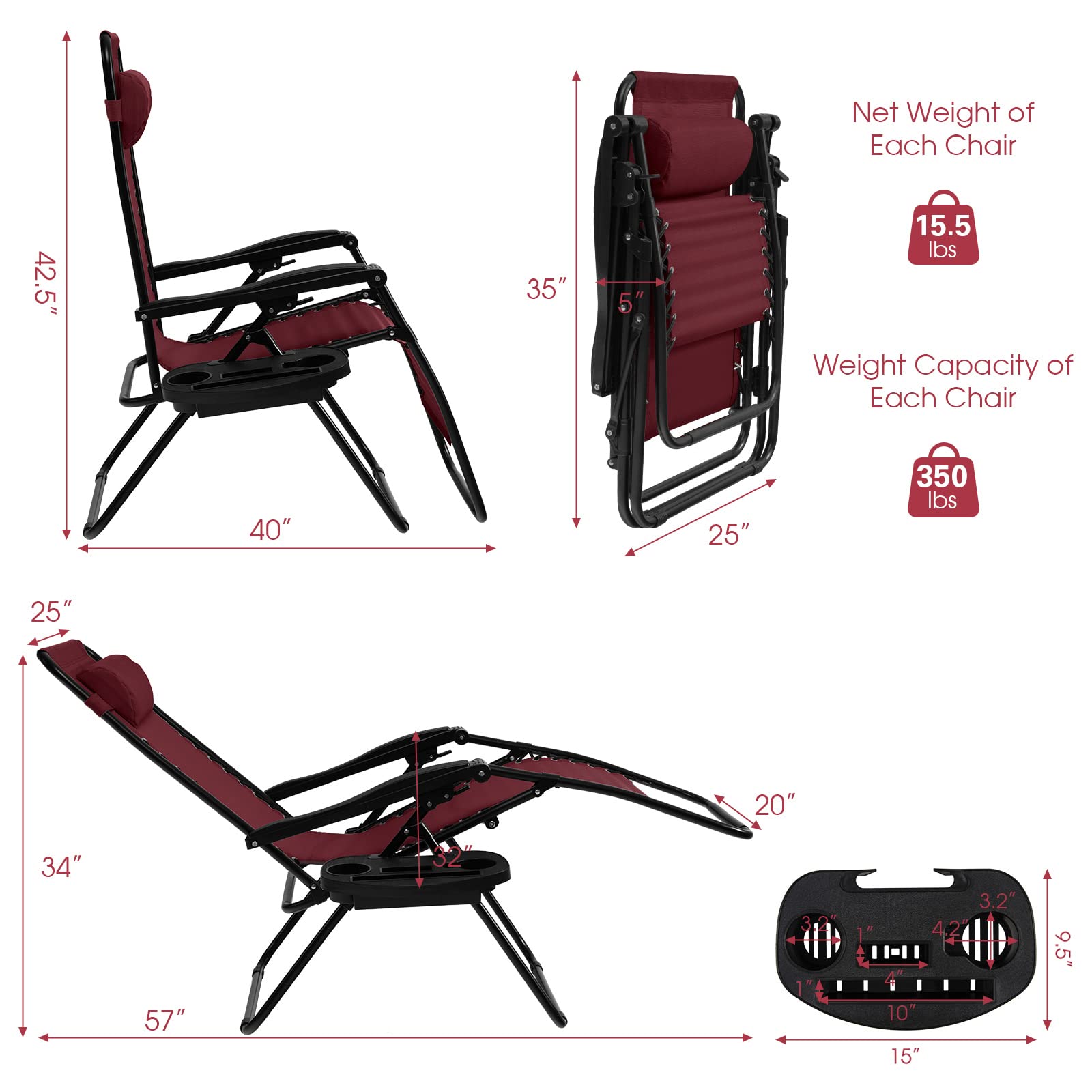 SUGIFT 2 Pieces Folding Lounge Chair with Zero Gravity