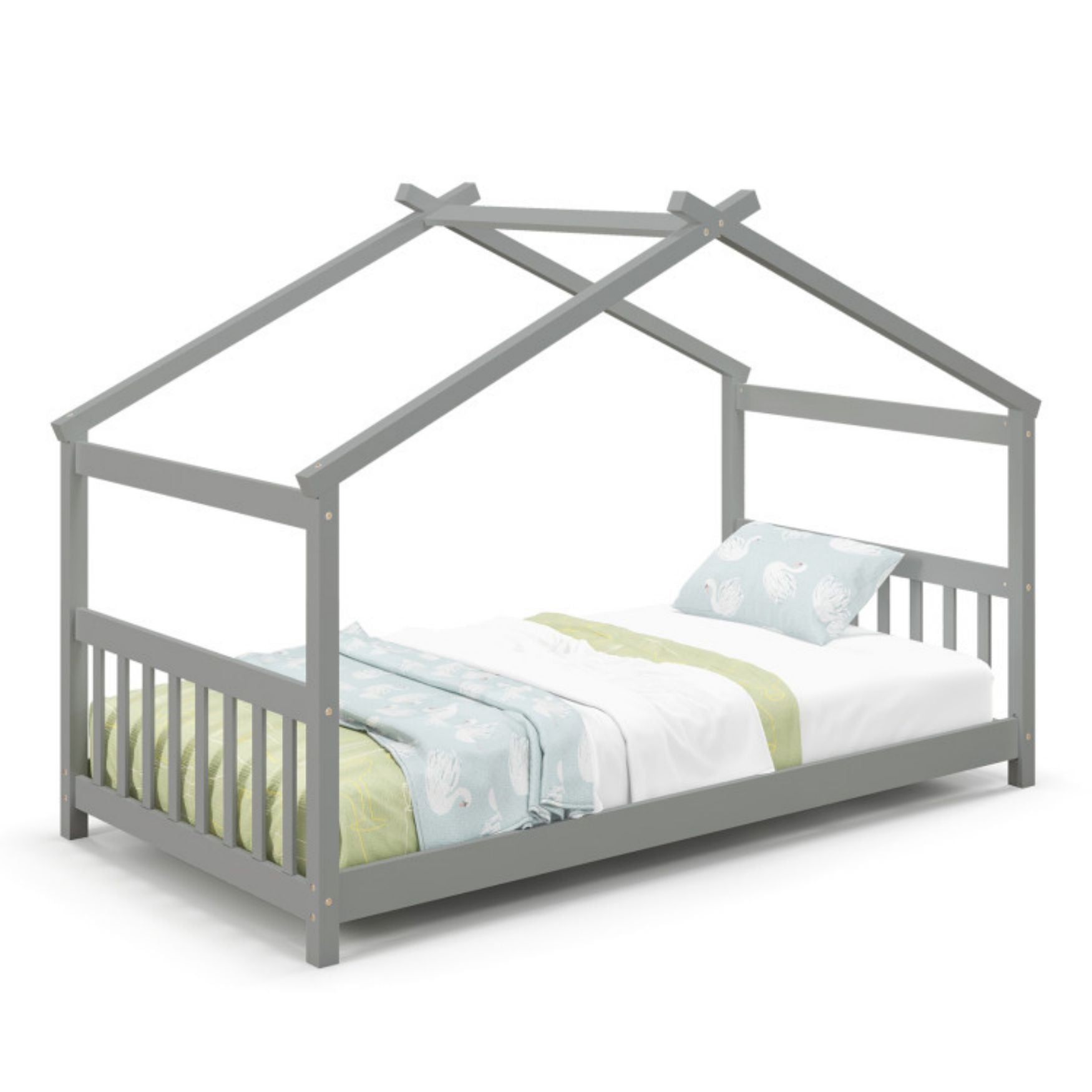 SUGIFT Twin Size Wooden House Bed with Roof