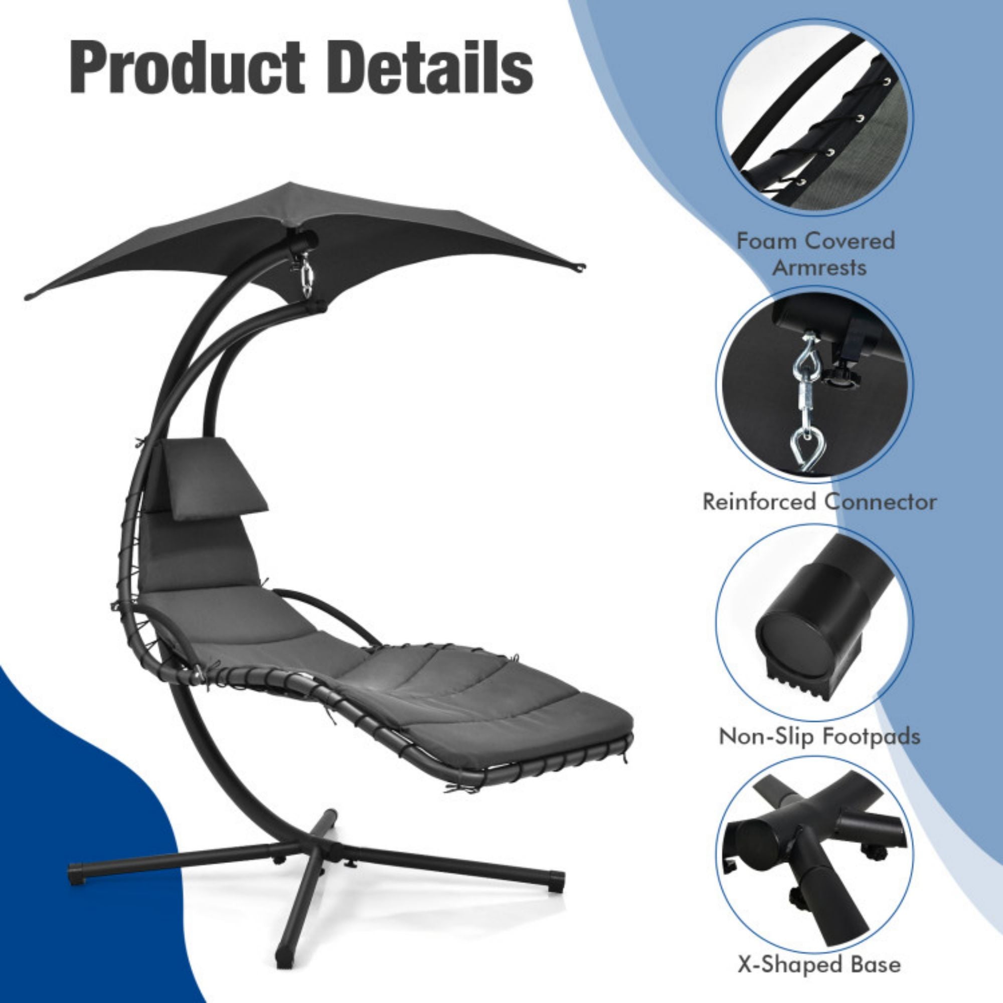 SUGIFT Hanging Curved Steel Swing Chaise Lounger with Removable Canopy