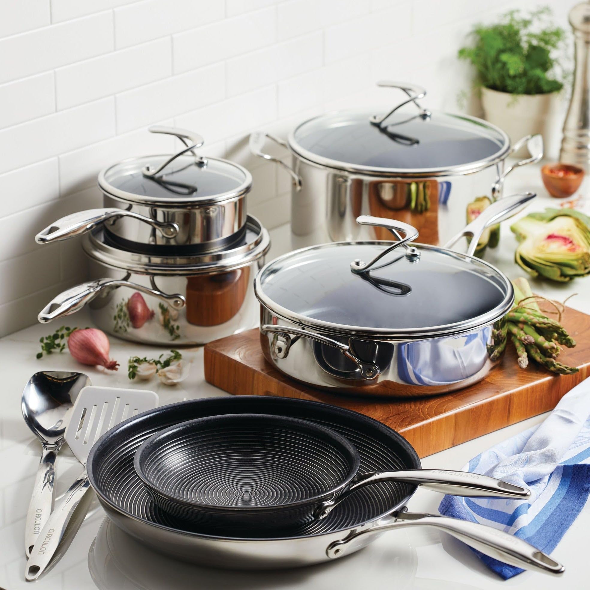 Tri-Ply Stainless Steel Cookware Set with Premium Magnetic Stainless Exterior, Aluminum Core for Even Heat Distribution