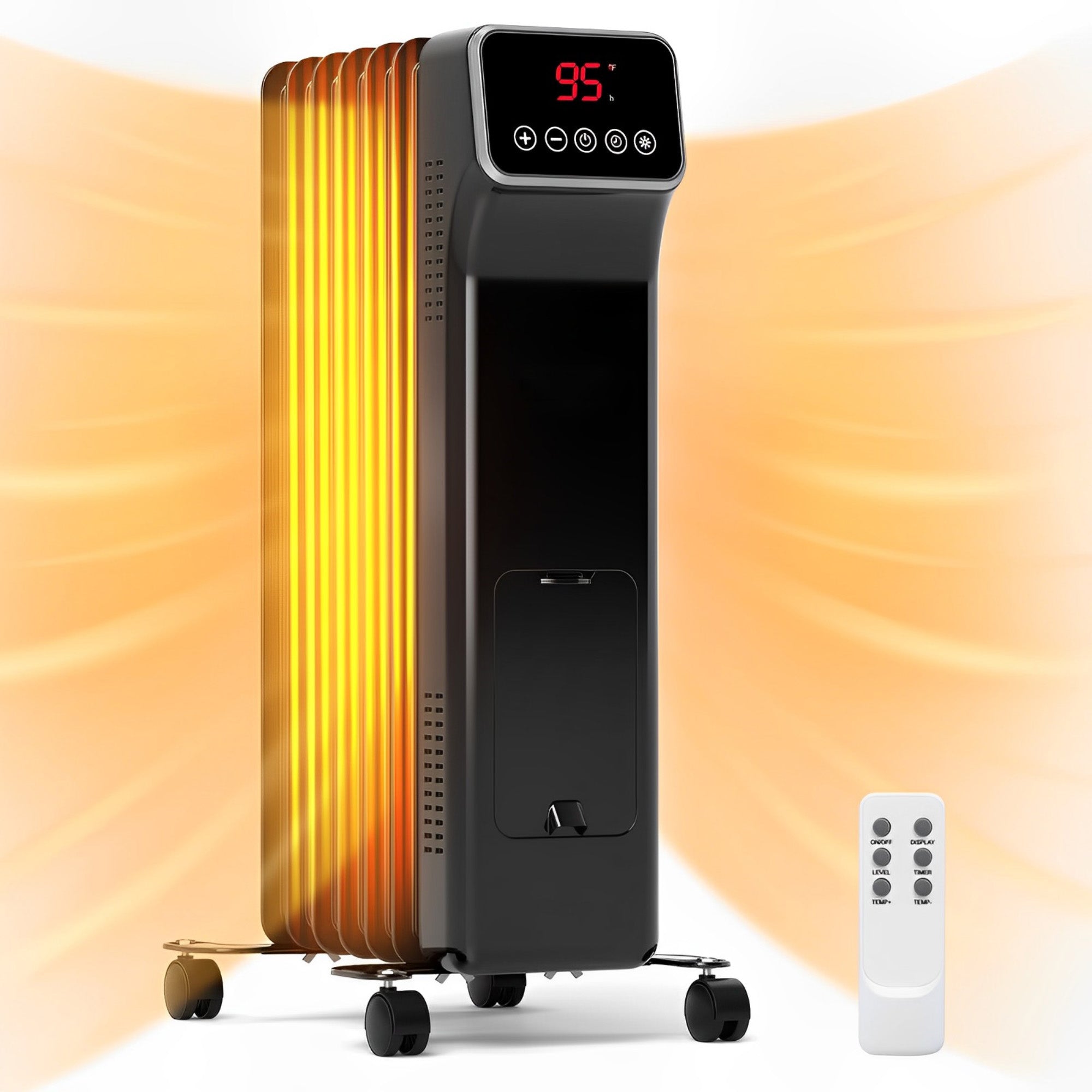 1500W Oil Filled Radiator Heater with Remote Control 3 Modes 24H Timer-Black