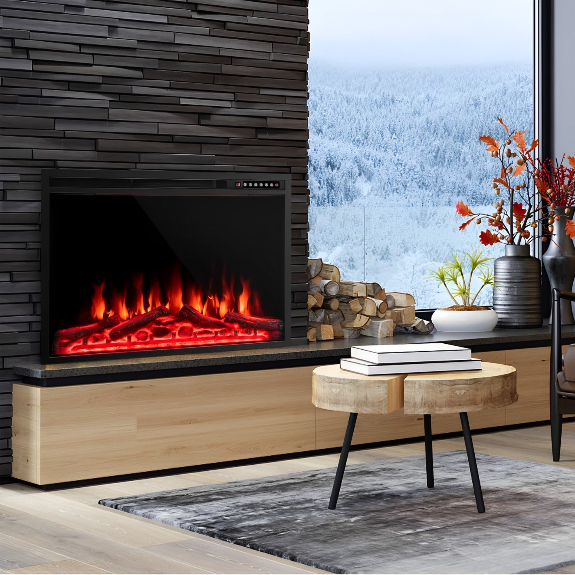 34 Inch Electric Fireplace Recessed with Adjustable Flames