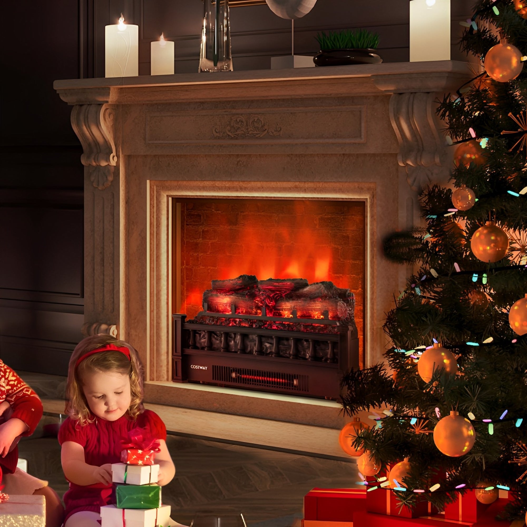 20 Inch Electric Fireplace Heater with Realistic Pinewood Ember Bed-Black