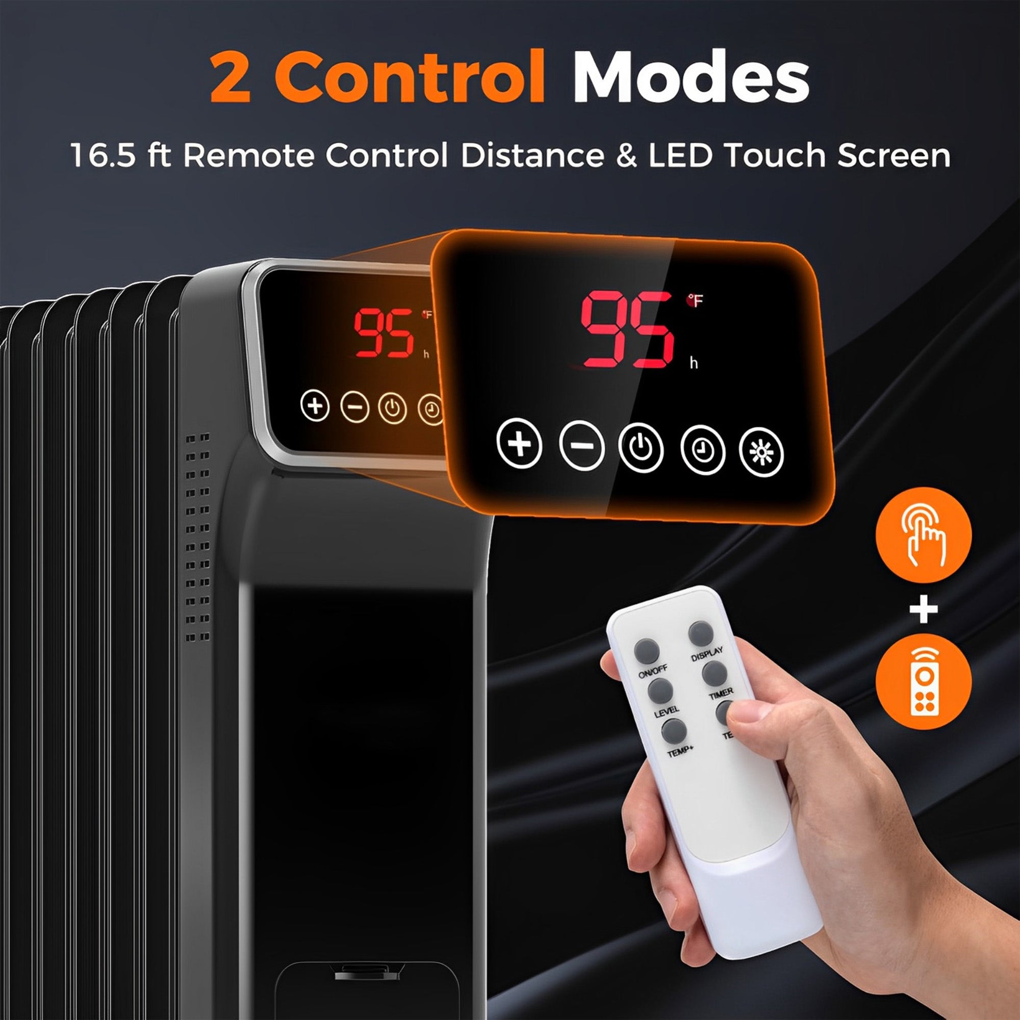 1500W Oil Filled Radiator Heater with Remote Control 3 Modes 24H Timer-Black