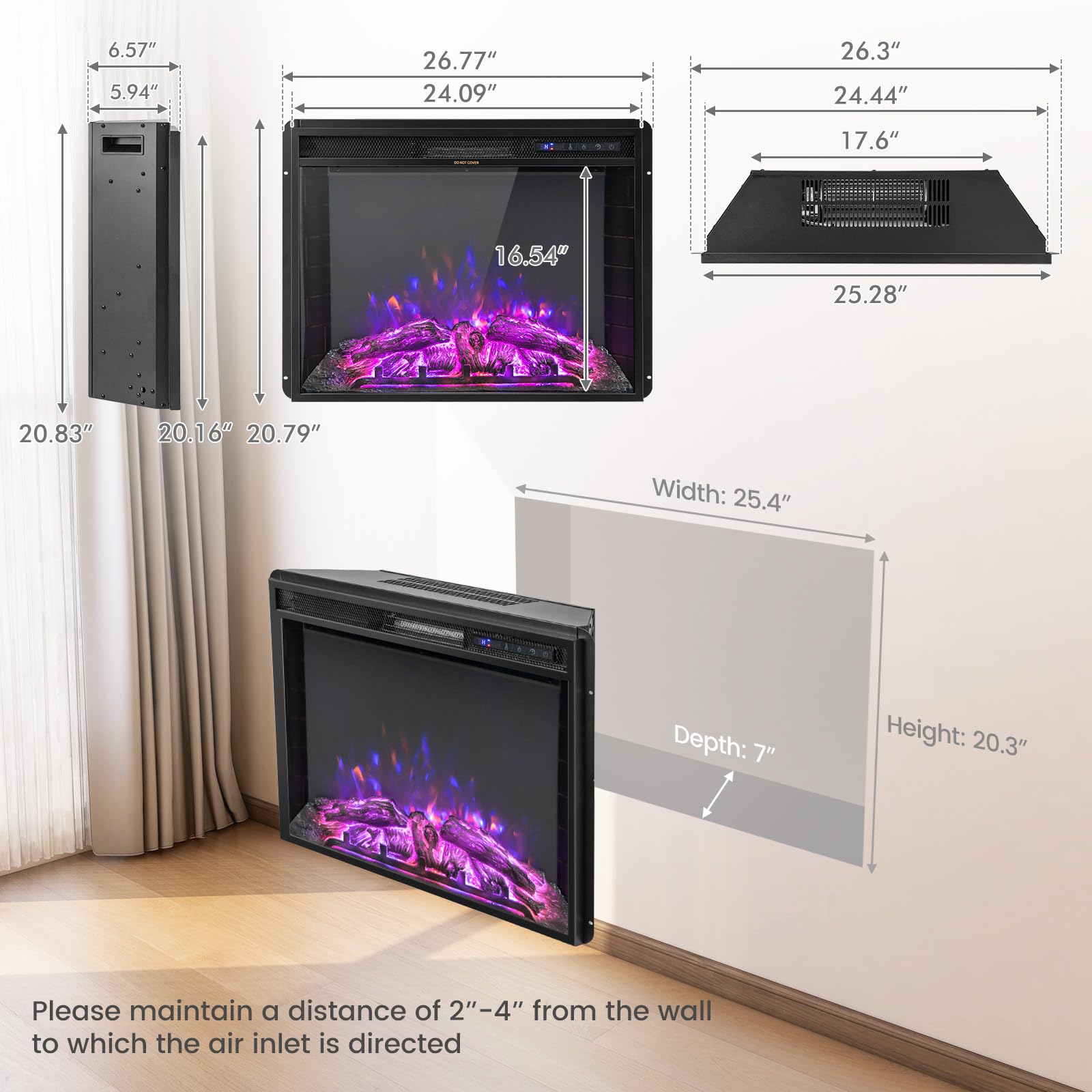 26 Inch Recessed Electric Fireplace with Adjustable Flame Brightness