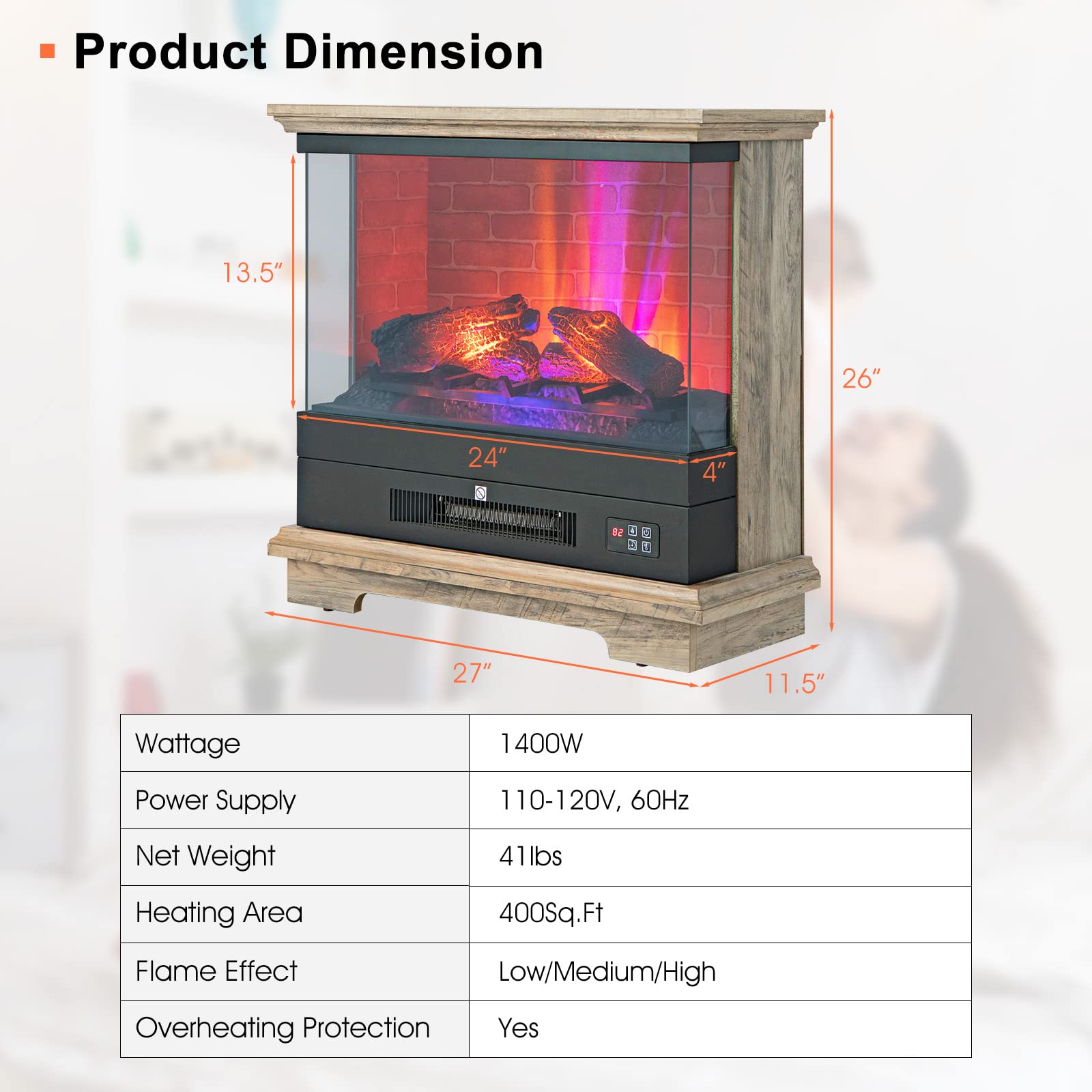 27 Inch Freestanding Fireplace with Remote Control-Brown