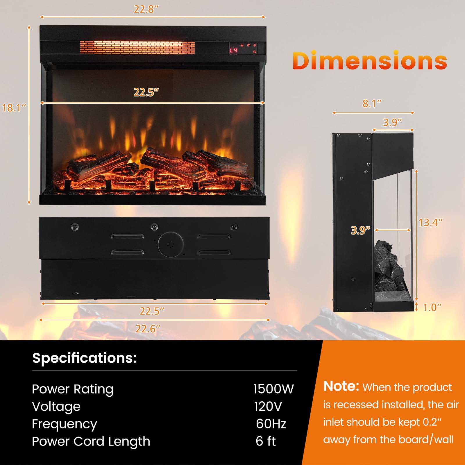 23-inch 3-Sided Electric Fireplace Insert with Remote Control