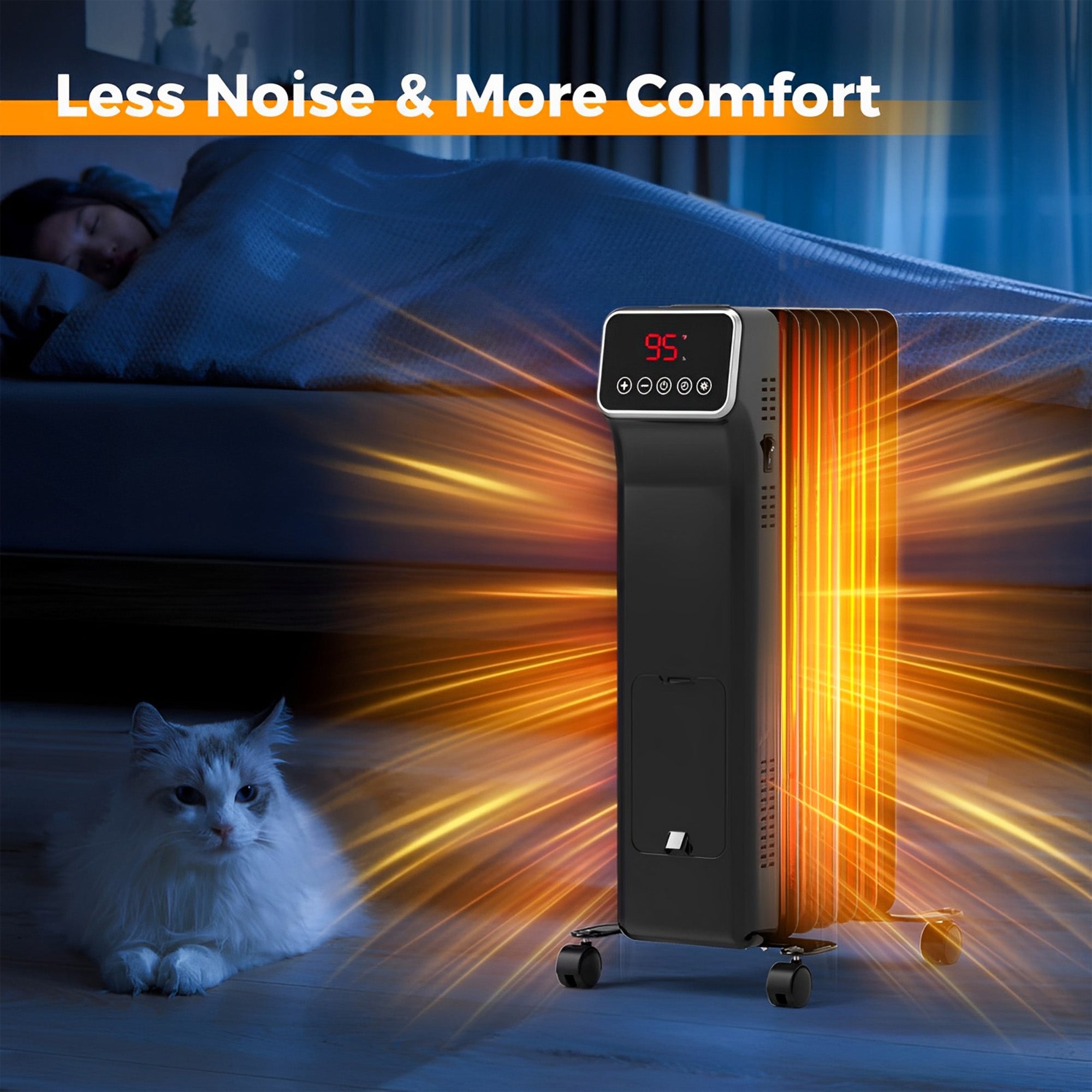 1500W Oil Filled Radiator Heater with Remote Control 3 Modes 24H Timer-Black