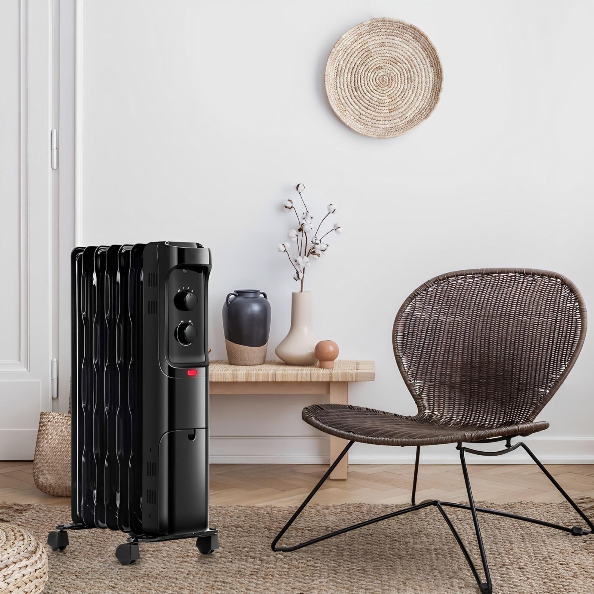 1500W Oil Filled Portable Radiator Space Heater with Adjustable Thermostat-Black