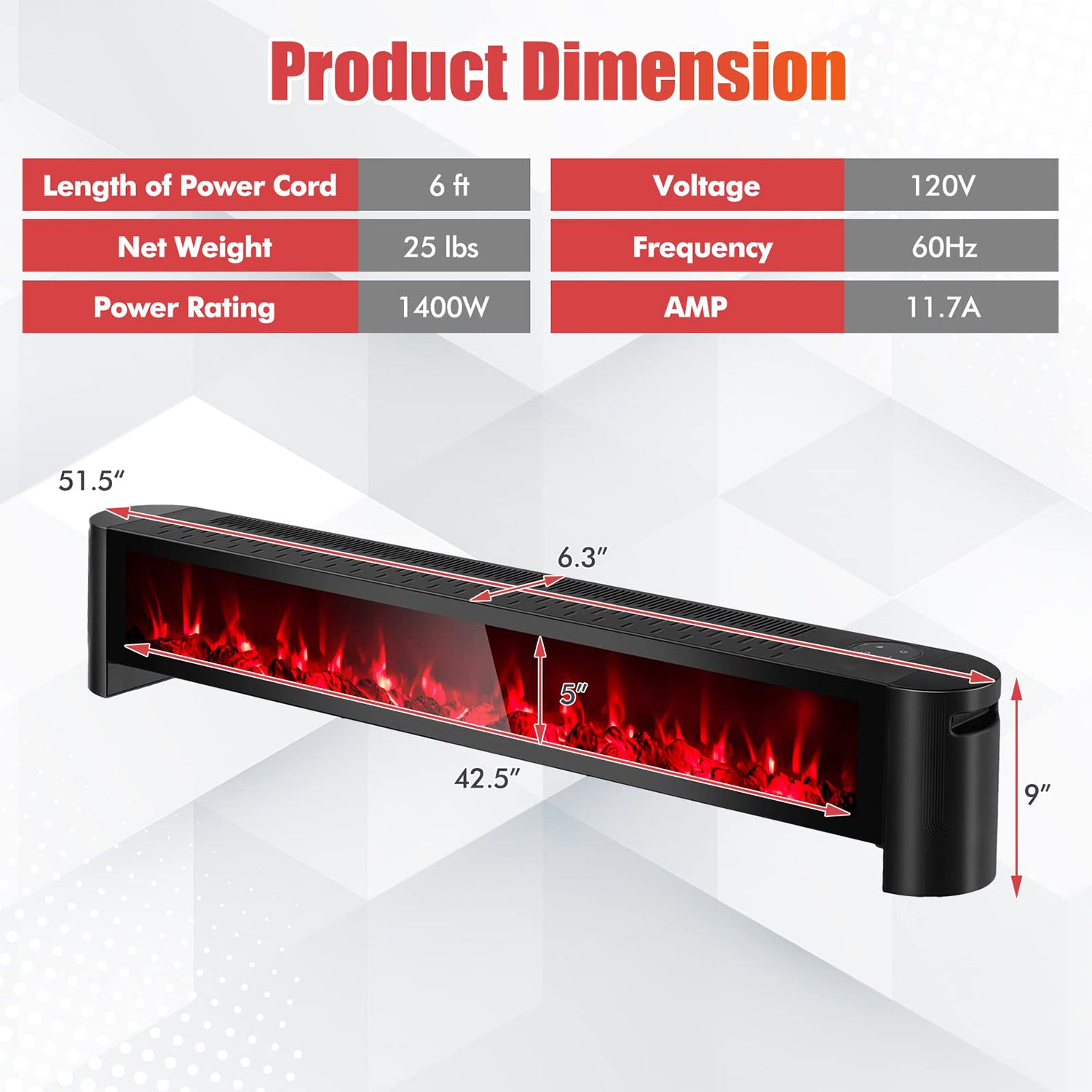 1400W Electric Baseboard Heater with Realistic Multicolor Flame-Black