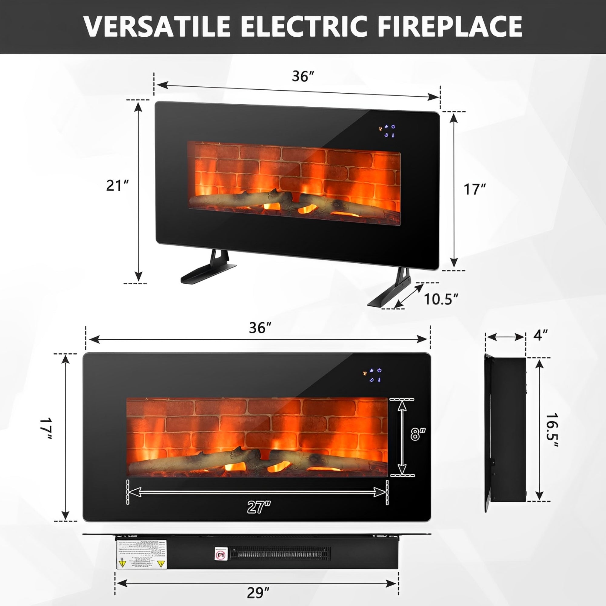36 Inch Electric Wall Mounted Freestanding Fireplace with Remote Control-Black