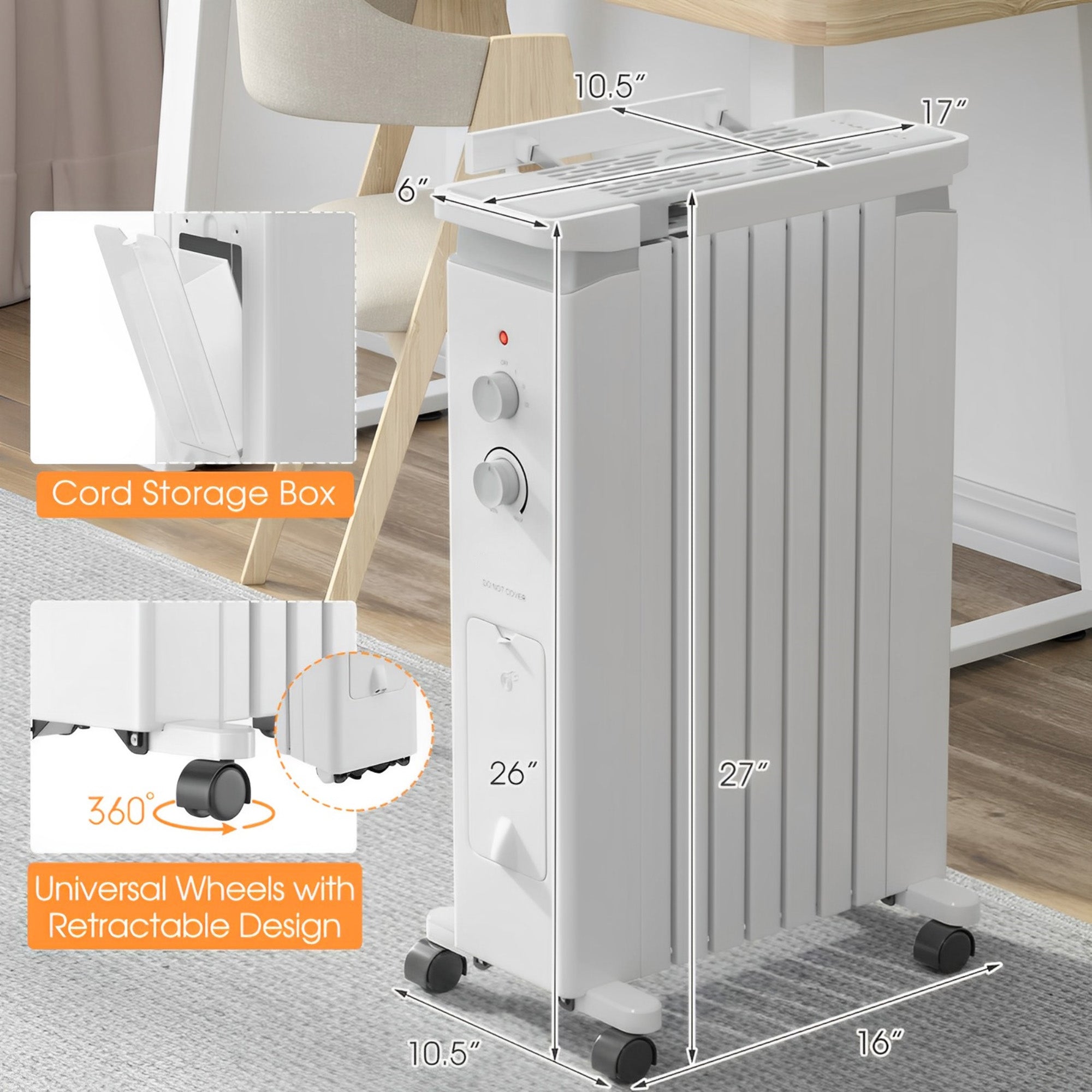 1500W Portable Oil Filled Radiator Heater with 3 Heat Settings-White