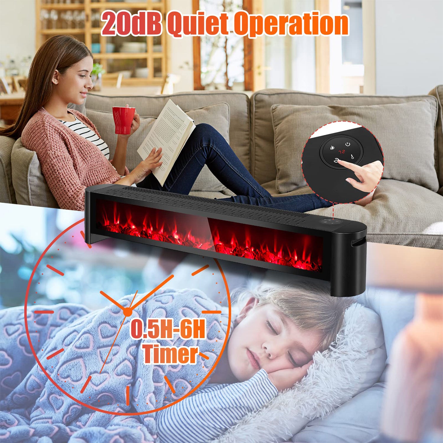 1400W Electric Baseboard Heater with Realistic Multicolor Flame-Black