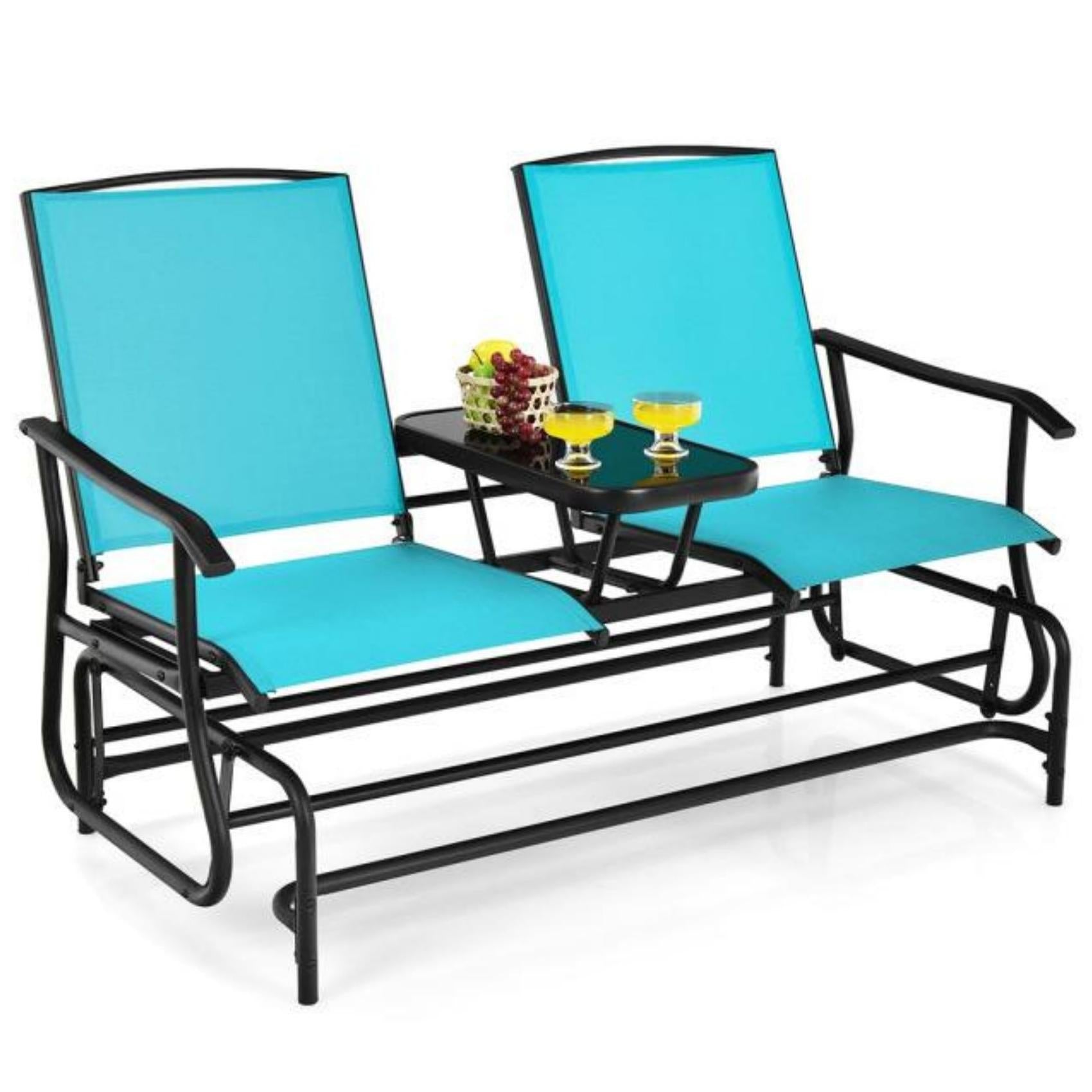 SUGIFT 2-Person Double Rocking Loveseat with Mesh Fabric and Center Tempered Glass Table