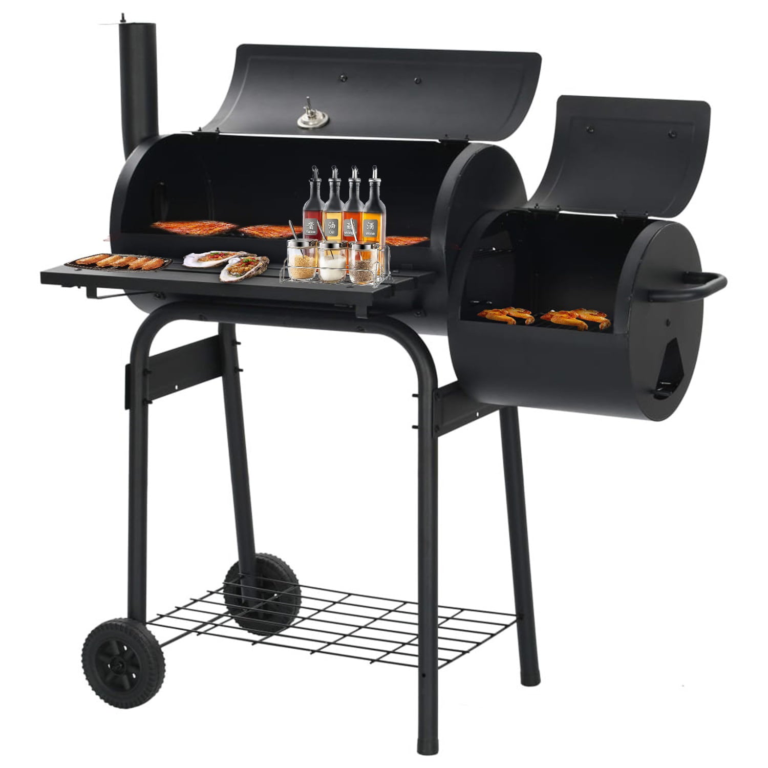 SUGIFT Heavy-Duty Charcoal BBQ Grill and Offset Smoker in Black