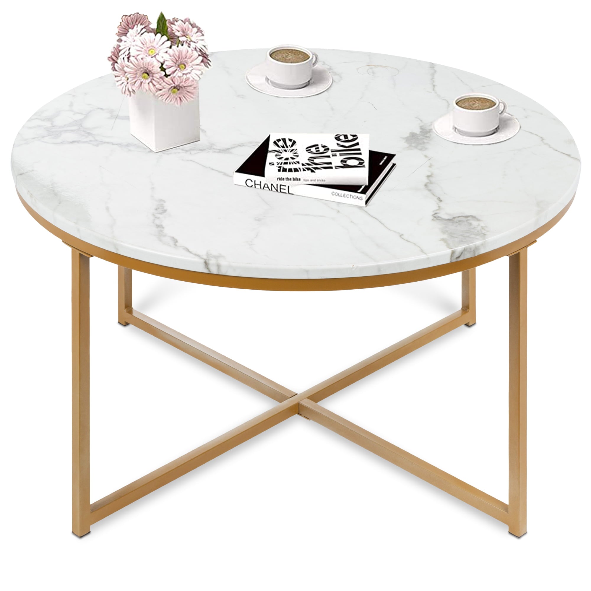 Modern Coffee Table 36in Faux Marble Modern Living Room Round Accent Side Coffee Table