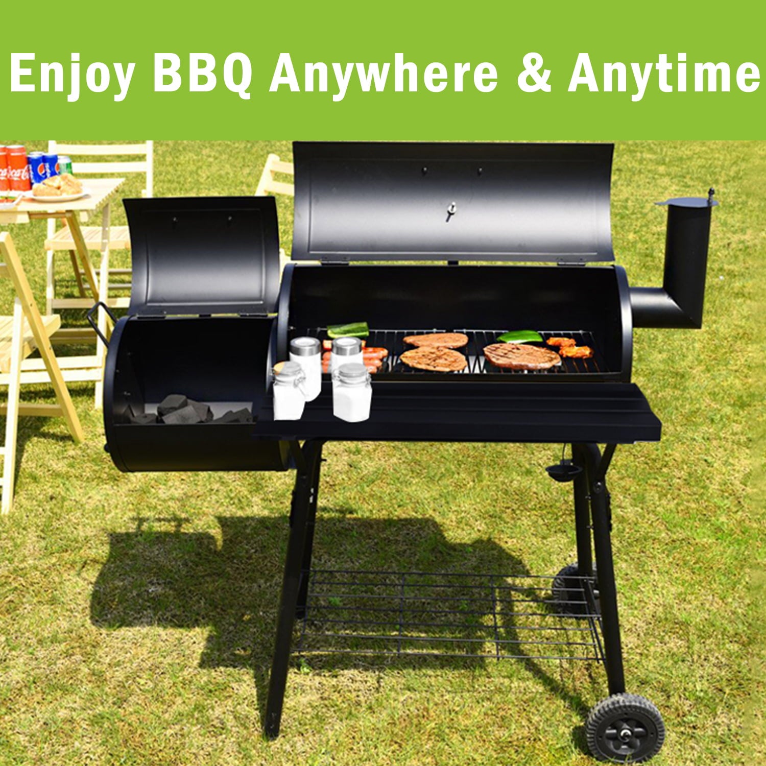 SUGIFT Heavy-Duty Charcoal BBQ Grill and Offset Smoker in Black