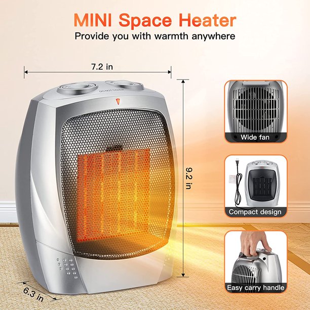 SUGIFT  Ceramic Heater with Thermostat, Overheat and Tip-over Protection, Heat Up 200 Square Feet in Minutes, Safe and Quiet for Office Room Desk Indoor Use (Silver)