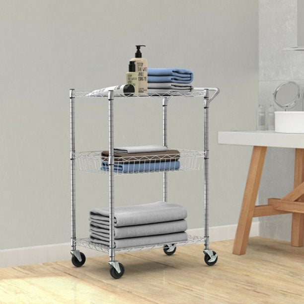SUGIFT  3-Tier Utility Cart Heavy Duty Wire Rolling Organizer Cart with Handle Bar Storage Trolley