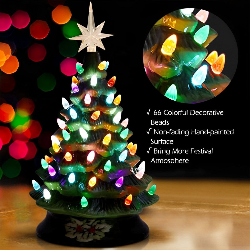 15in Ceramic Christmas Tree, Lighted Artificial Christmas Decoration Hand Painted Lighted Tree with Star