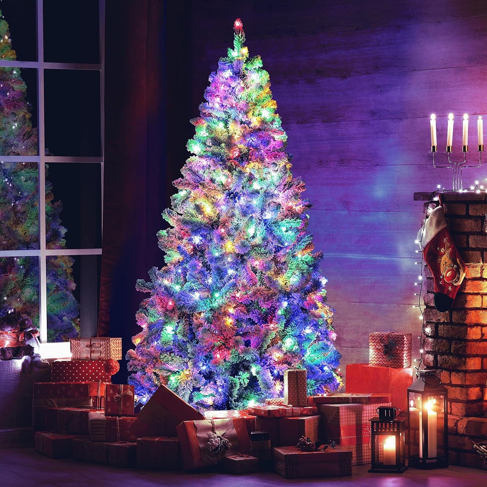 SUGIFT 6ft Artificial Frosted Christmas Tree, Premium Holiday Pine Branches with 1000 Tips & 250 Warm-White/Muliti-Color Lights - Muliti-Color