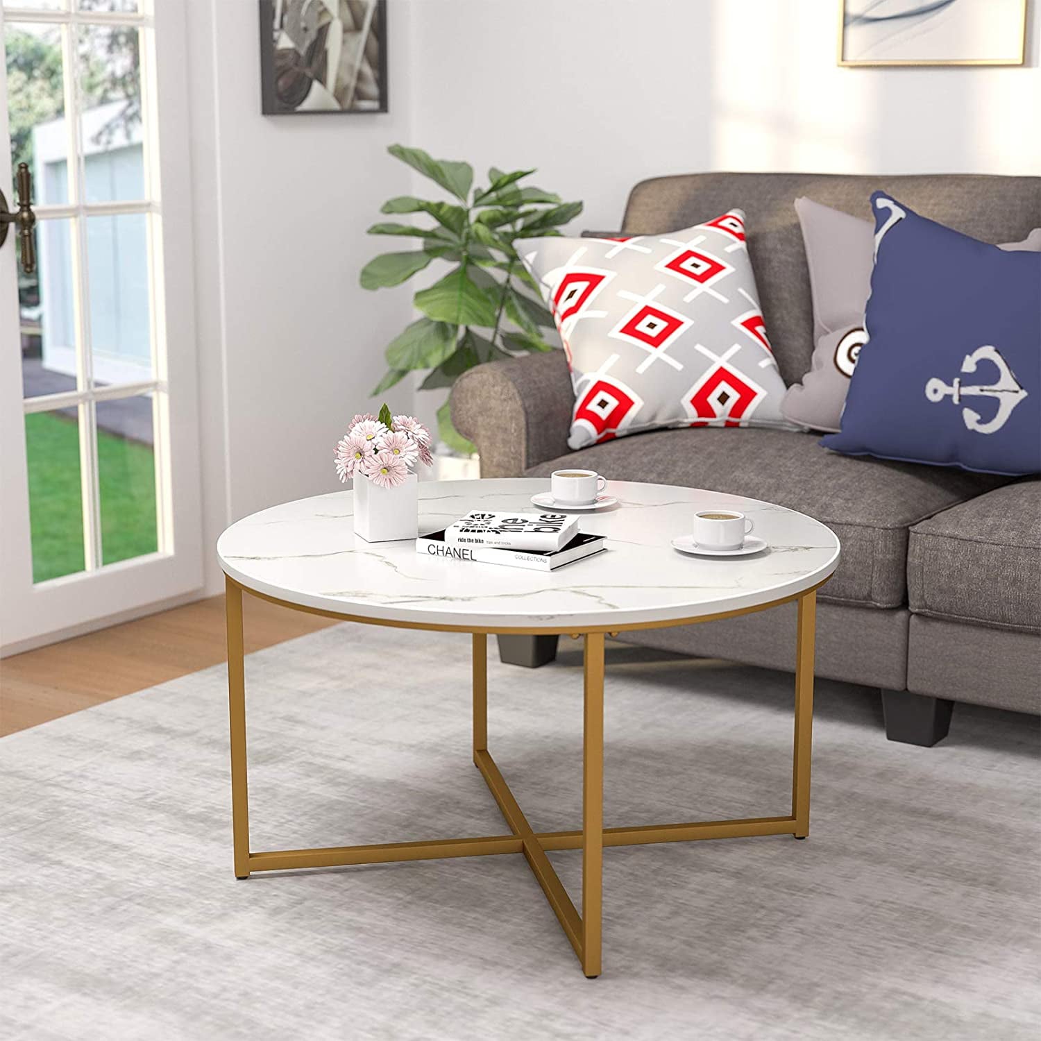 Modern Coffee Table 36in Faux Marble Modern Living Room Round Accent Side Coffee Table