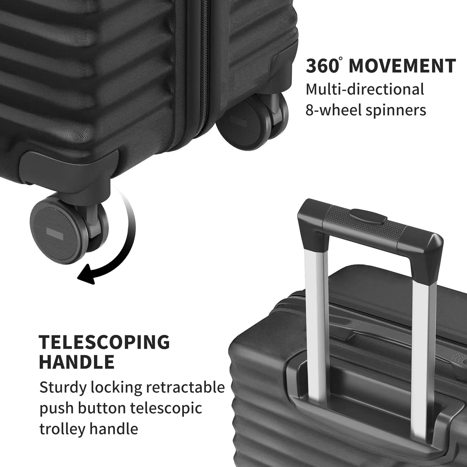 3-Pcs Luggage Sets, ABS Lightweight Suitcase Sets with TSA Lock,Black