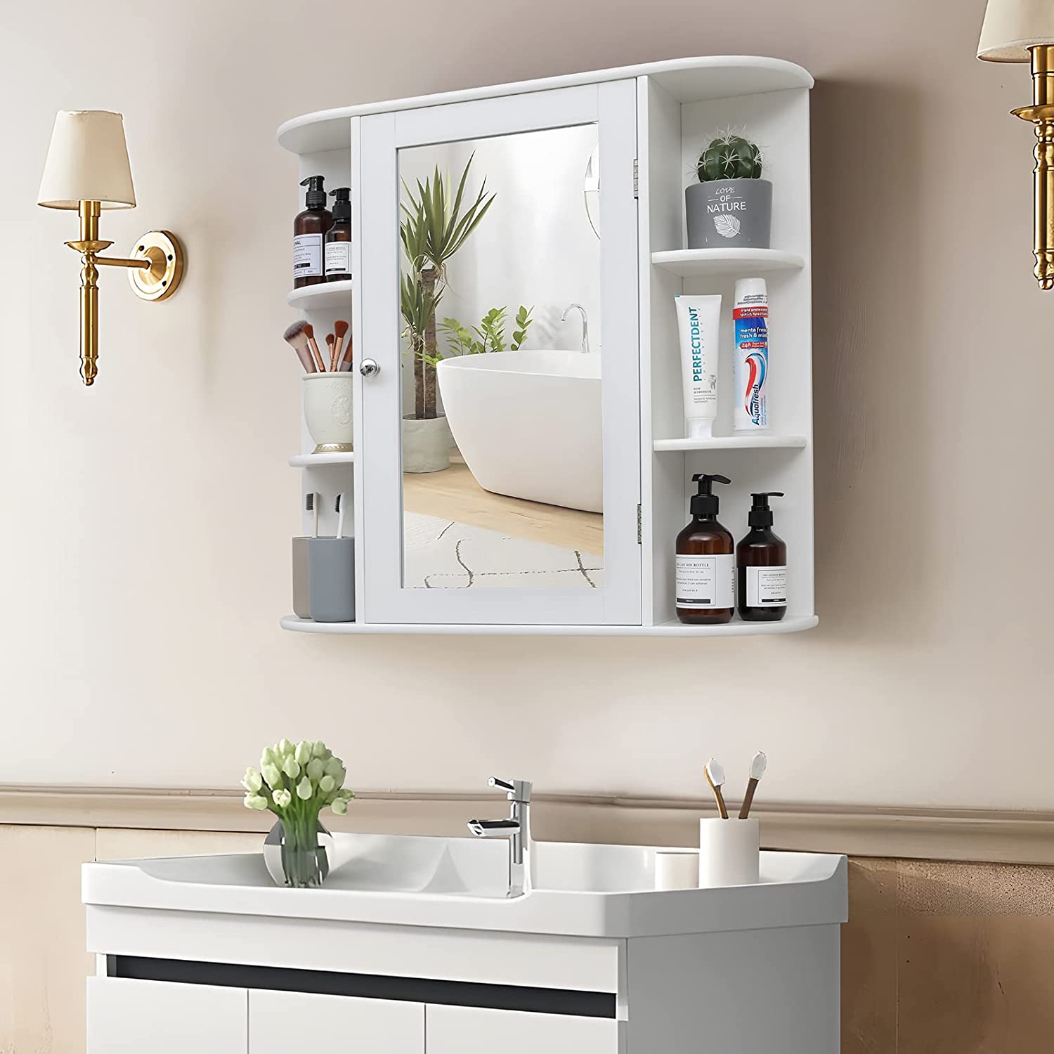 SUGIFT 26 in. W x 25.2 in. H x 6.3 in. D Bathroom Storage Wall Cabinet in White