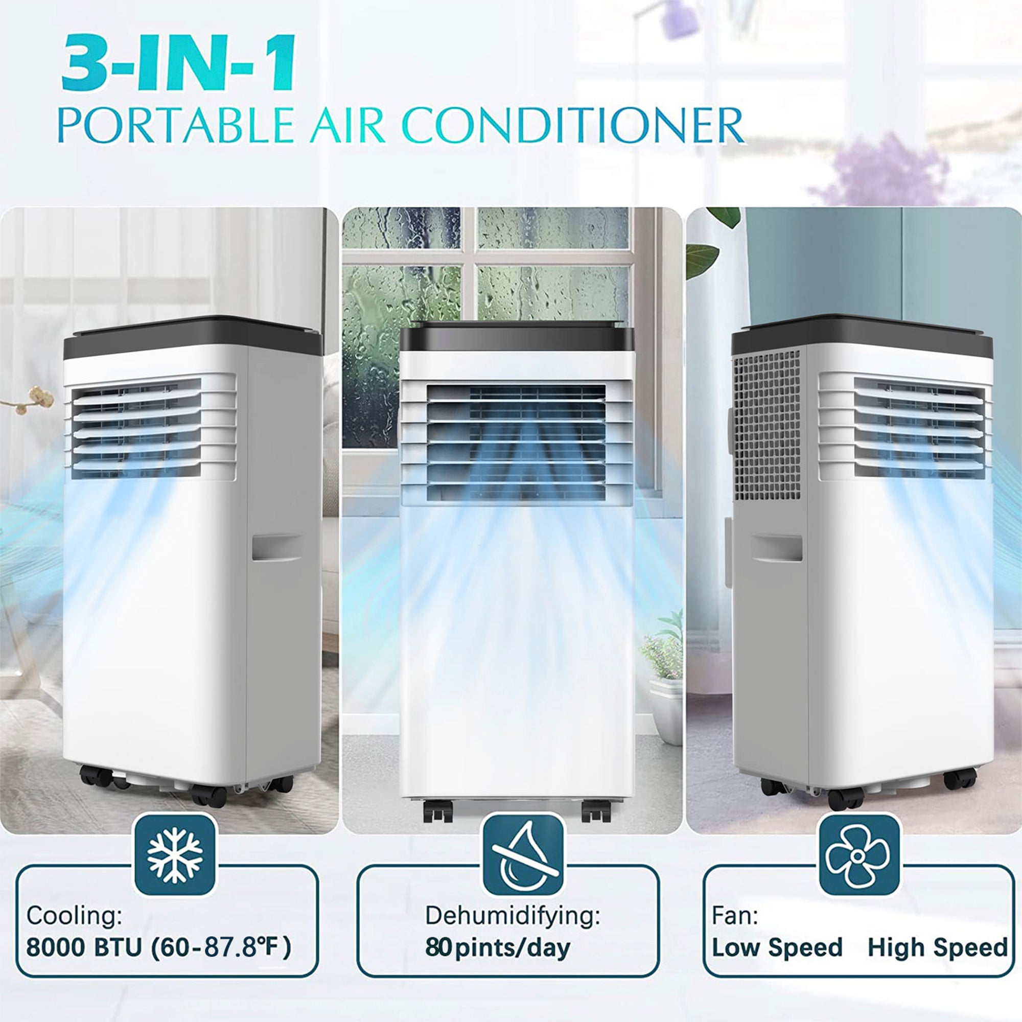 8,000 BTU 3-in-1 Portable Air Conditioner with Cool Dehum Fan Sleep Mode