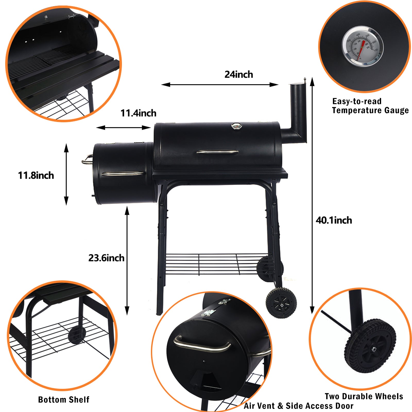 SUGIFT Heavy-Duty Charcoal BBQ Grill and Offset Smoker in Black