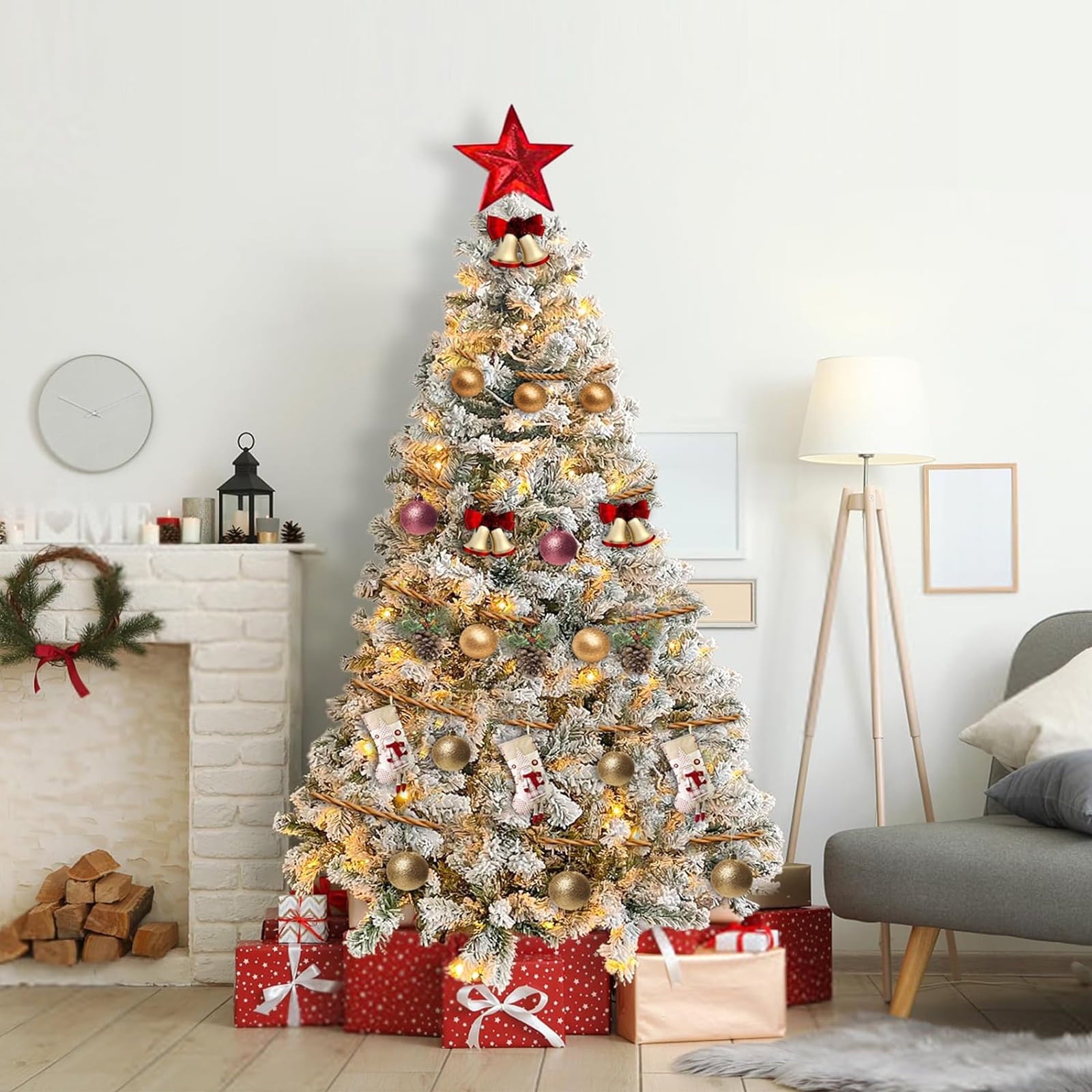 SUGIFT 6ft Artificial Frosted Christmas Tree, Premium Holiday Pine Branches with 1000 Tips & 250 Warm-White/Muliti-Color Lights - Warm-White